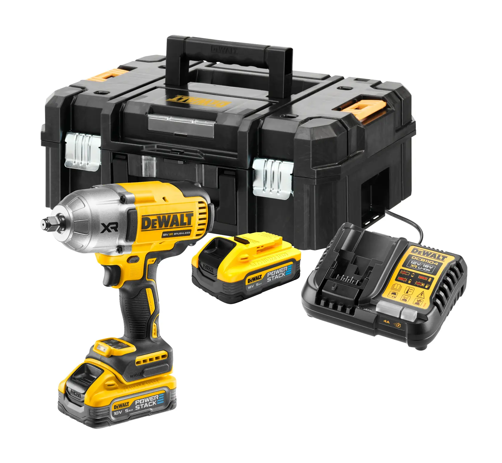 Kit clé à choc DEWALT avec boîte à outils, deux batteries et chargeur.