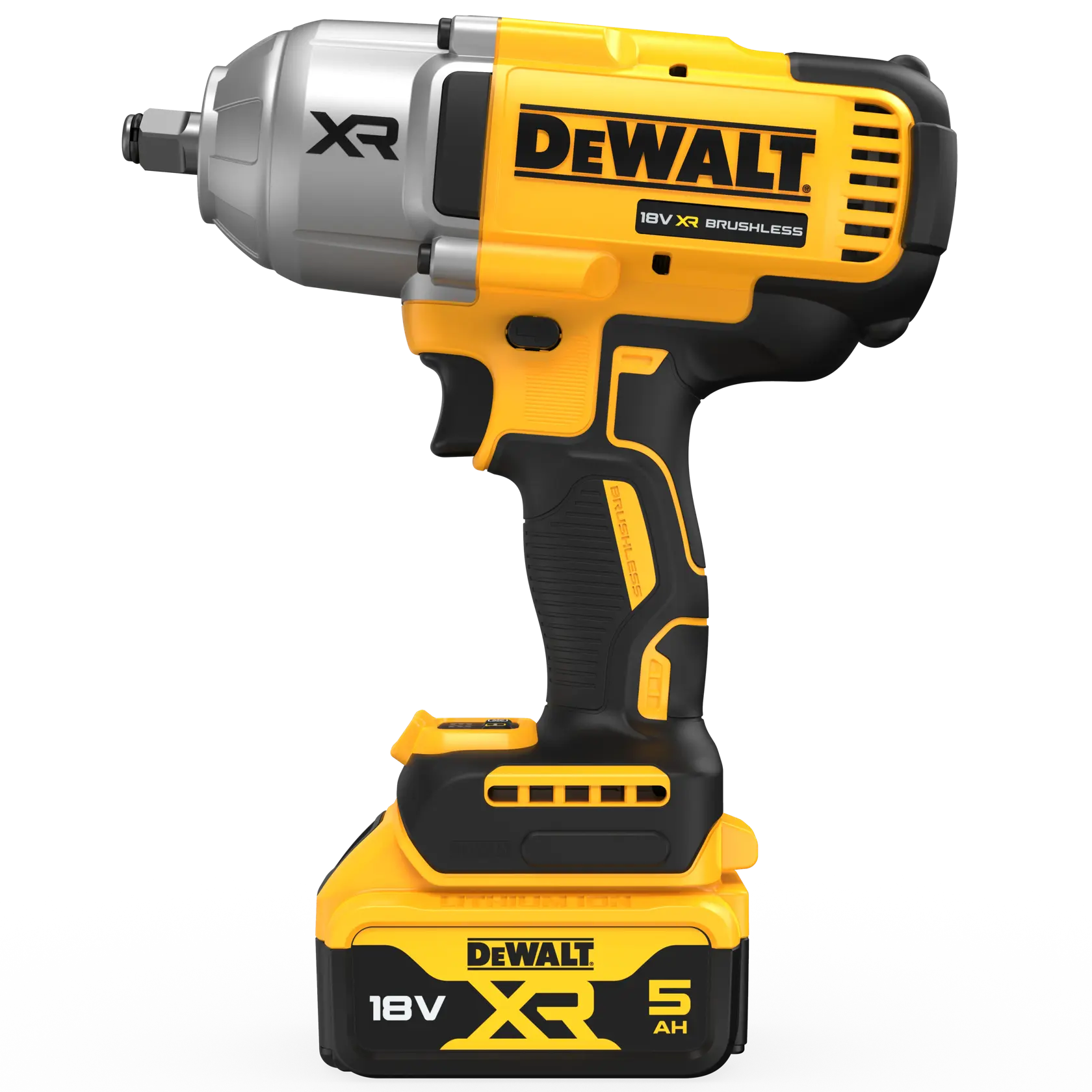 Llave de impacto DEWALT 18V XR brushless con batería 5Ah, amarillo-negro, vista lateral sobre blanco.