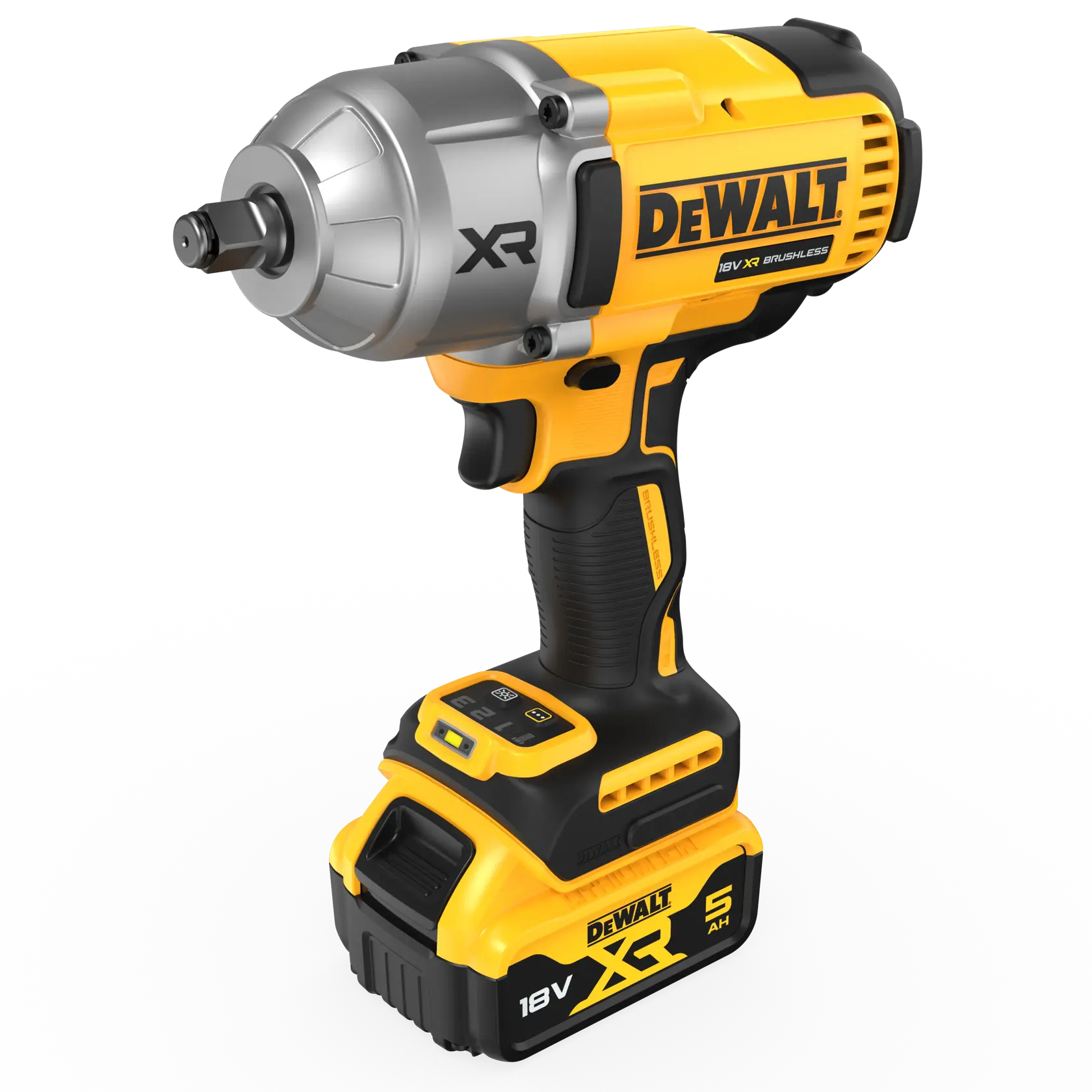 Llave de impacto DEWALT 18V XR Brushless con batería de 5Ah sobre fondo blanco.