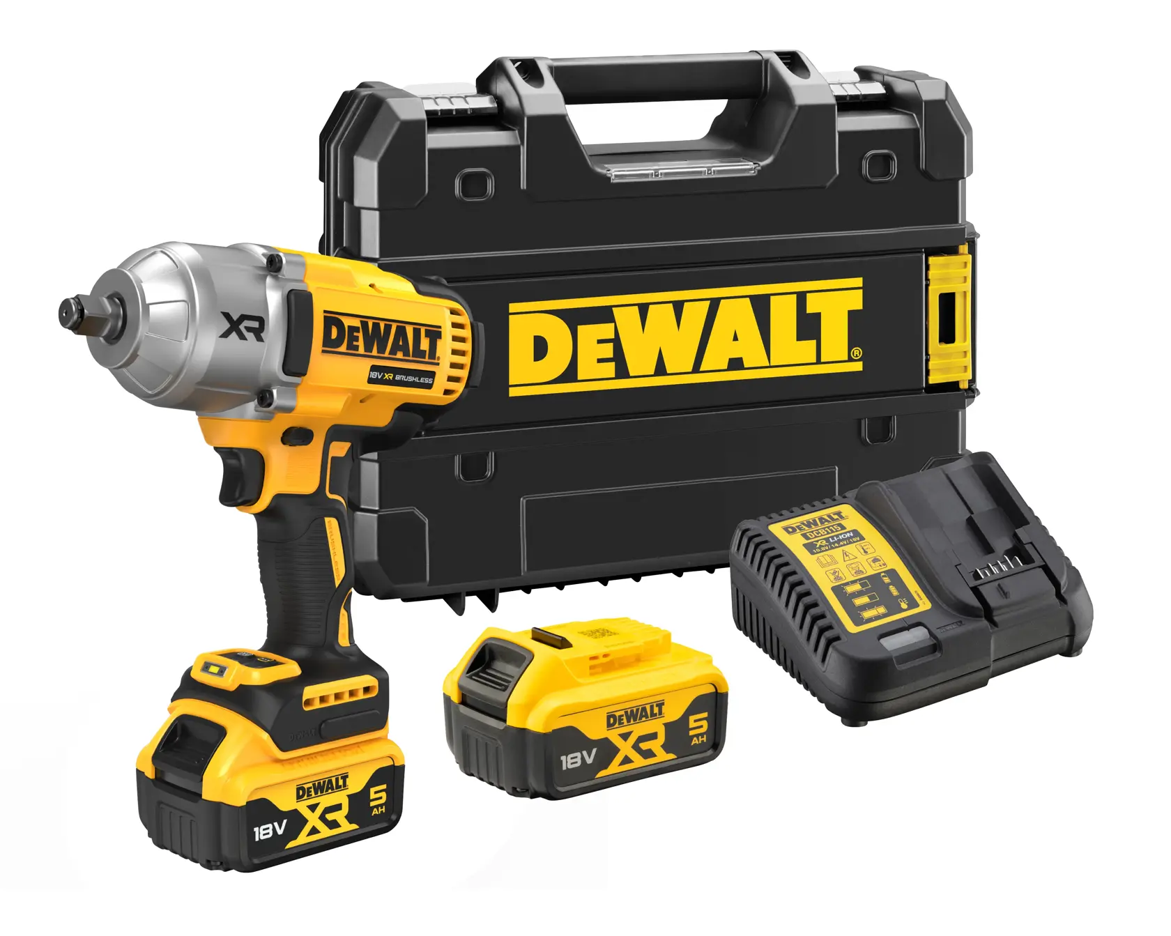 DEWALT 18V cordless impact wrench kit with batteries, charger, and a sturdy carrying case.