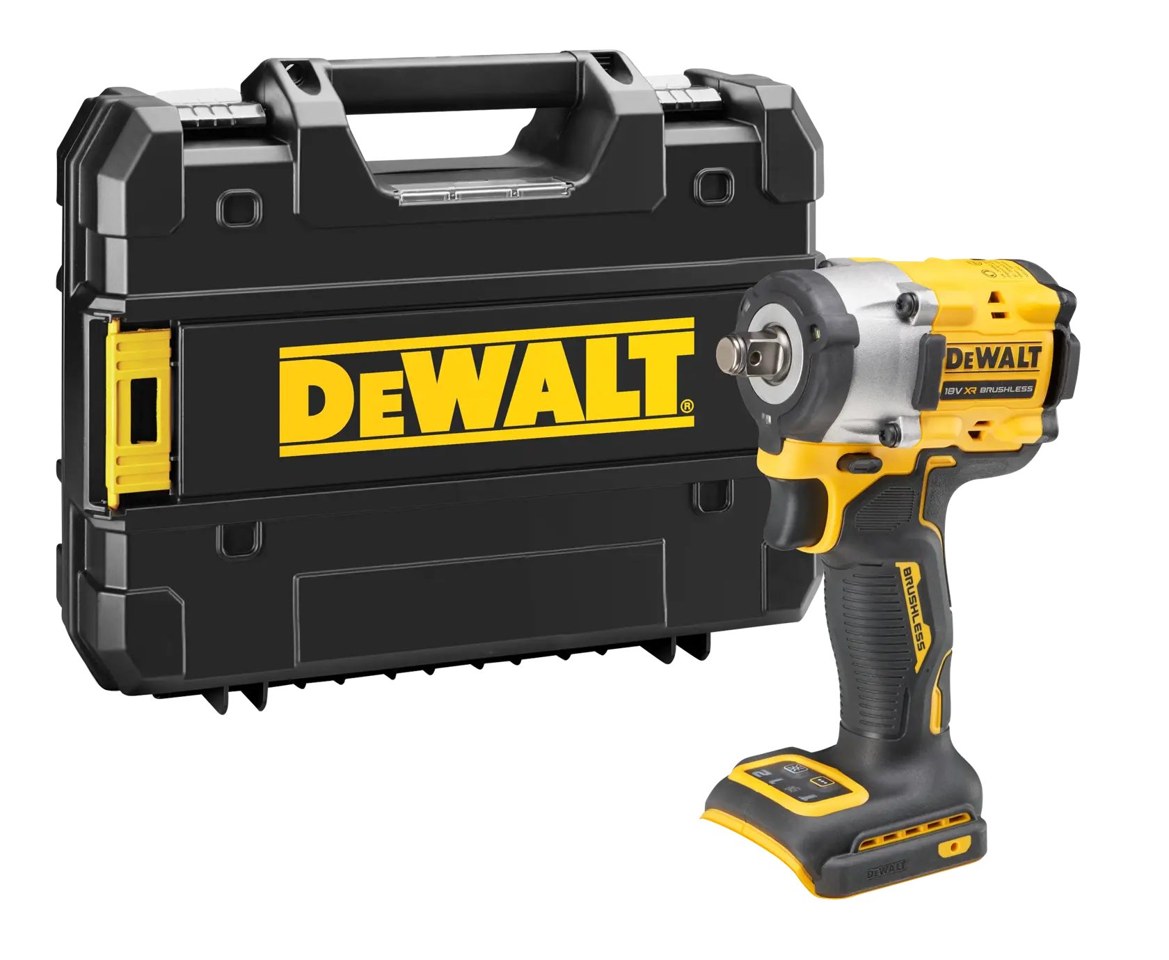 A DEWALT cordless impact wrench with a black and yellow carrying case displayed behind it. The tool and case feature prominent DEWALT branding.