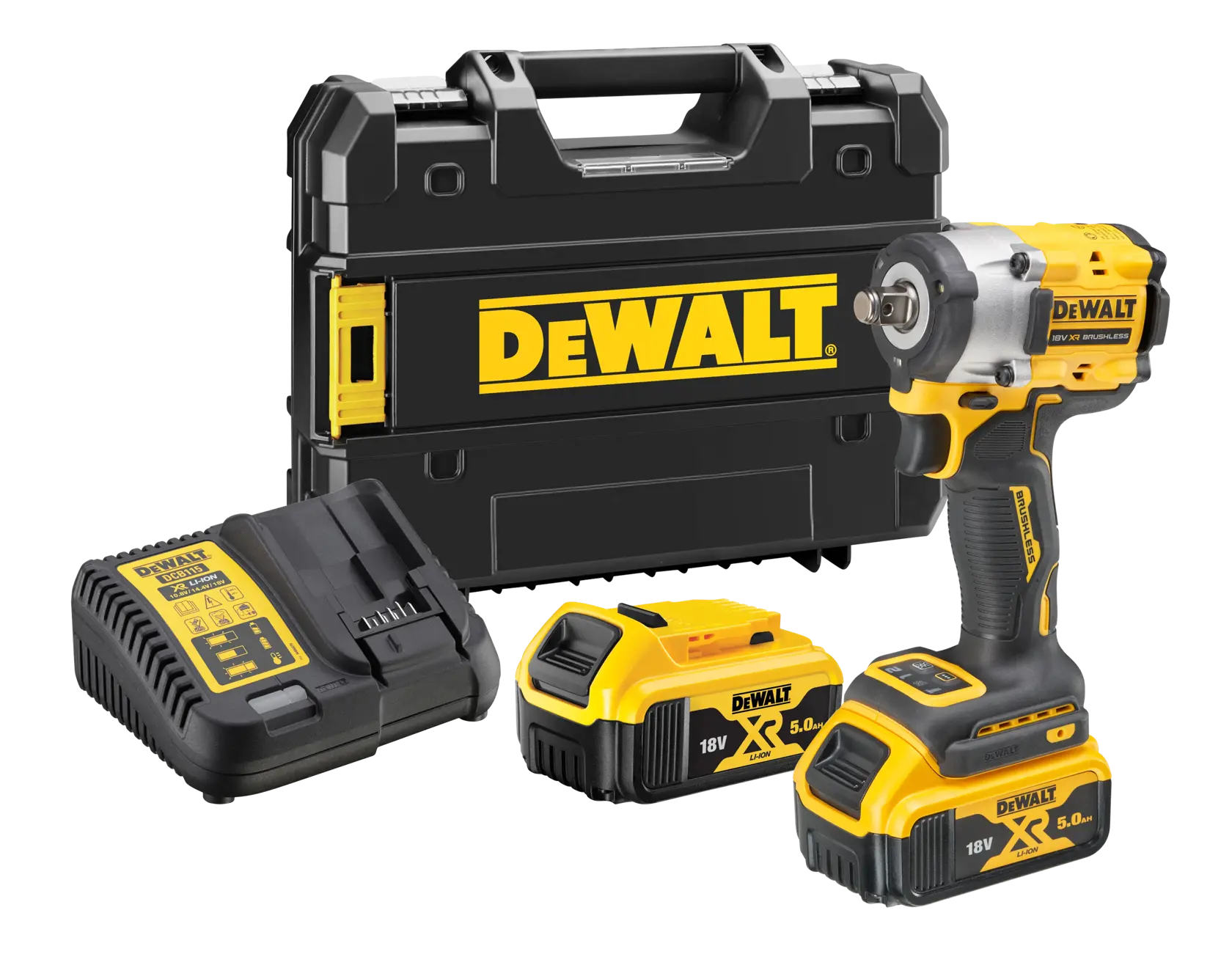 Kit de clé à choc sans fil DEWALT comprenant une clé à choc noire et jaune, deux batteries lithium-ion 18V, un chargeur de batterie et une mallette de transport rigide avec le logo DEWALT.