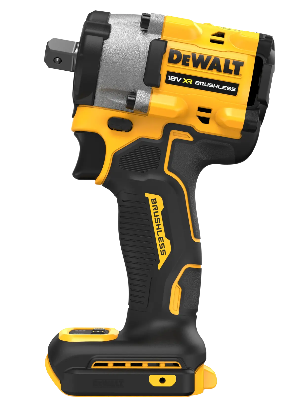 Ein DEWALT 18V XR bürstenloser Akkuschlagschrauber in Seitenansicht. Das Werkzeug ist hauptsächlich schwarz und gelb mit sichtbarem Logo und strukturiertem Griff für besseren Halt.