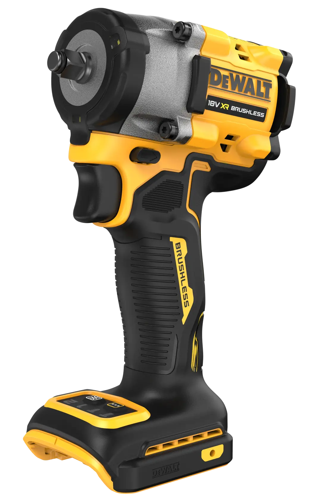 A DEWALT 18V XR Brushless cordless impact wrench with a black and yellow design. The tool features an ergonomic grip, compact size, and is shown without a battery attached.