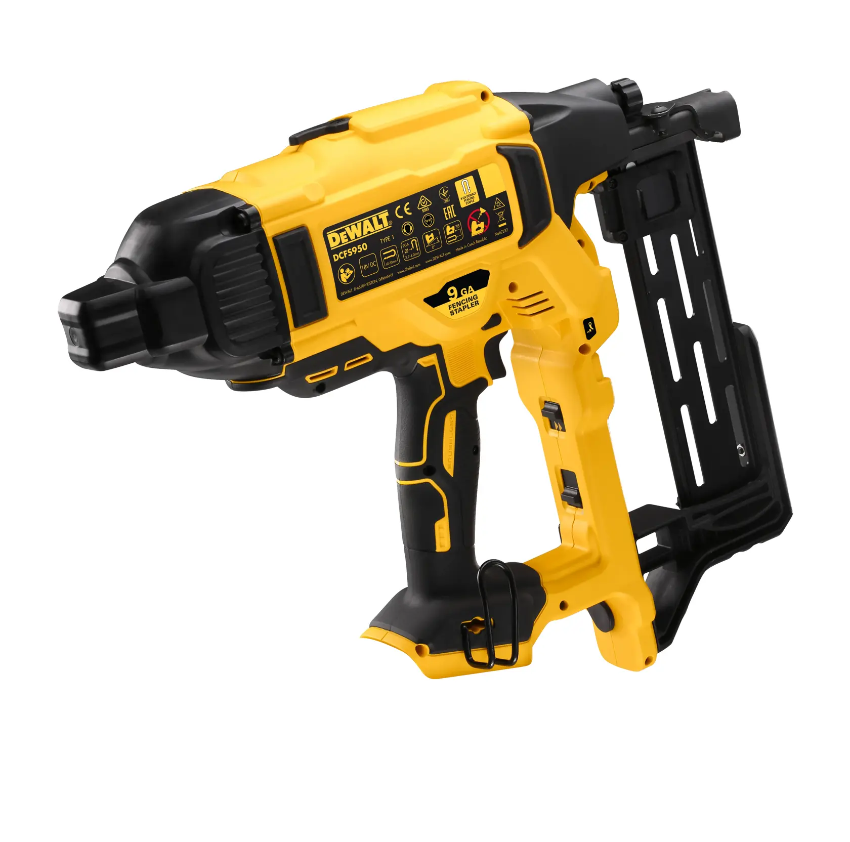 Clavadora DEWALT DCFS950N amarilla y negra, vista lateral, para tareas de construcción.