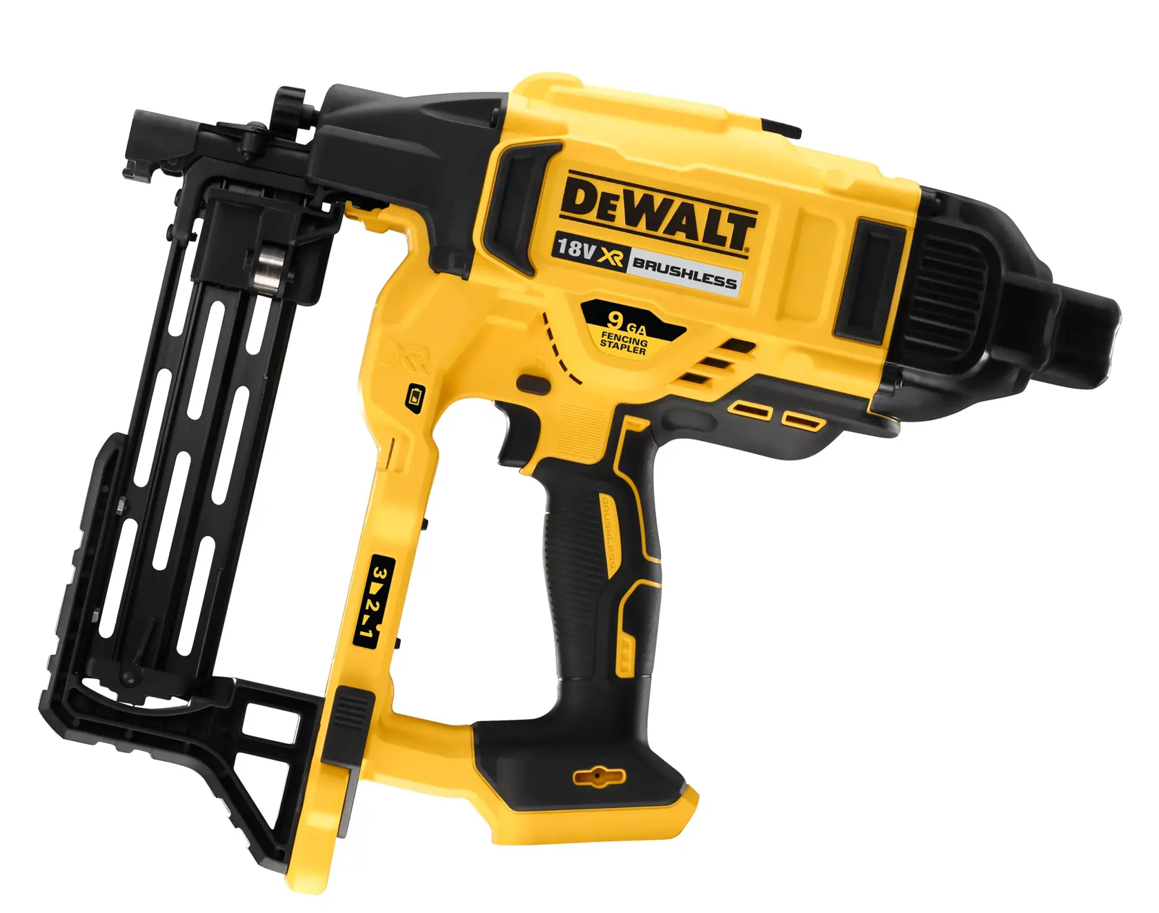 Grapadora de bastidor DEWALT 18V XR Brushless, diseño amarillo y negro, mango ergonómico.