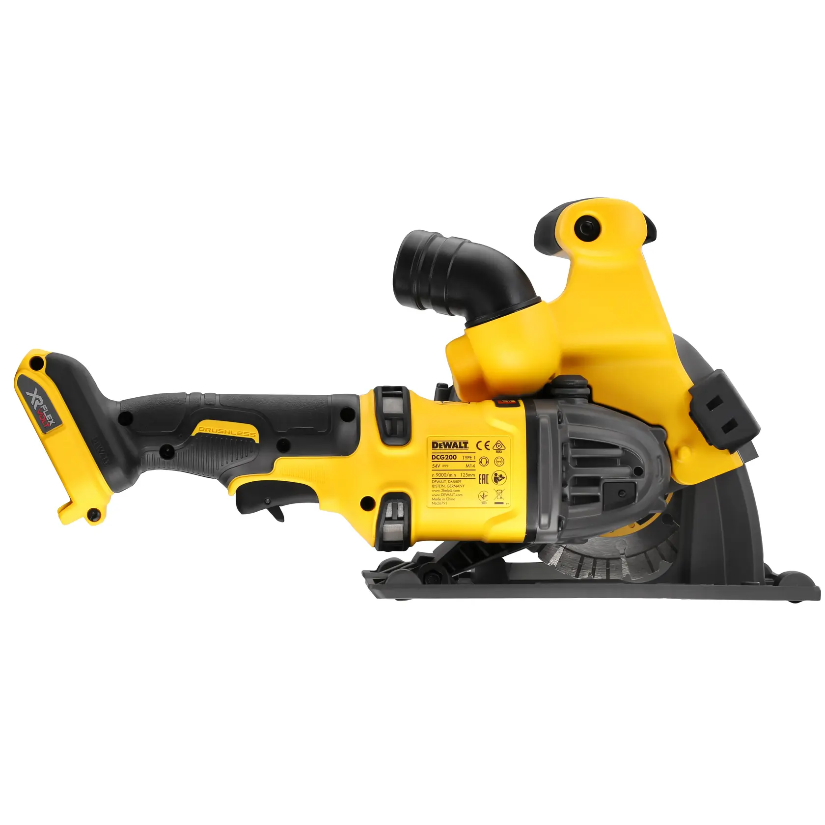 Photo of DEWALT wall chaser, side view, yellow-black, SKUs DCG200NT-XJ, DCG200NT, DCG200N, white background.