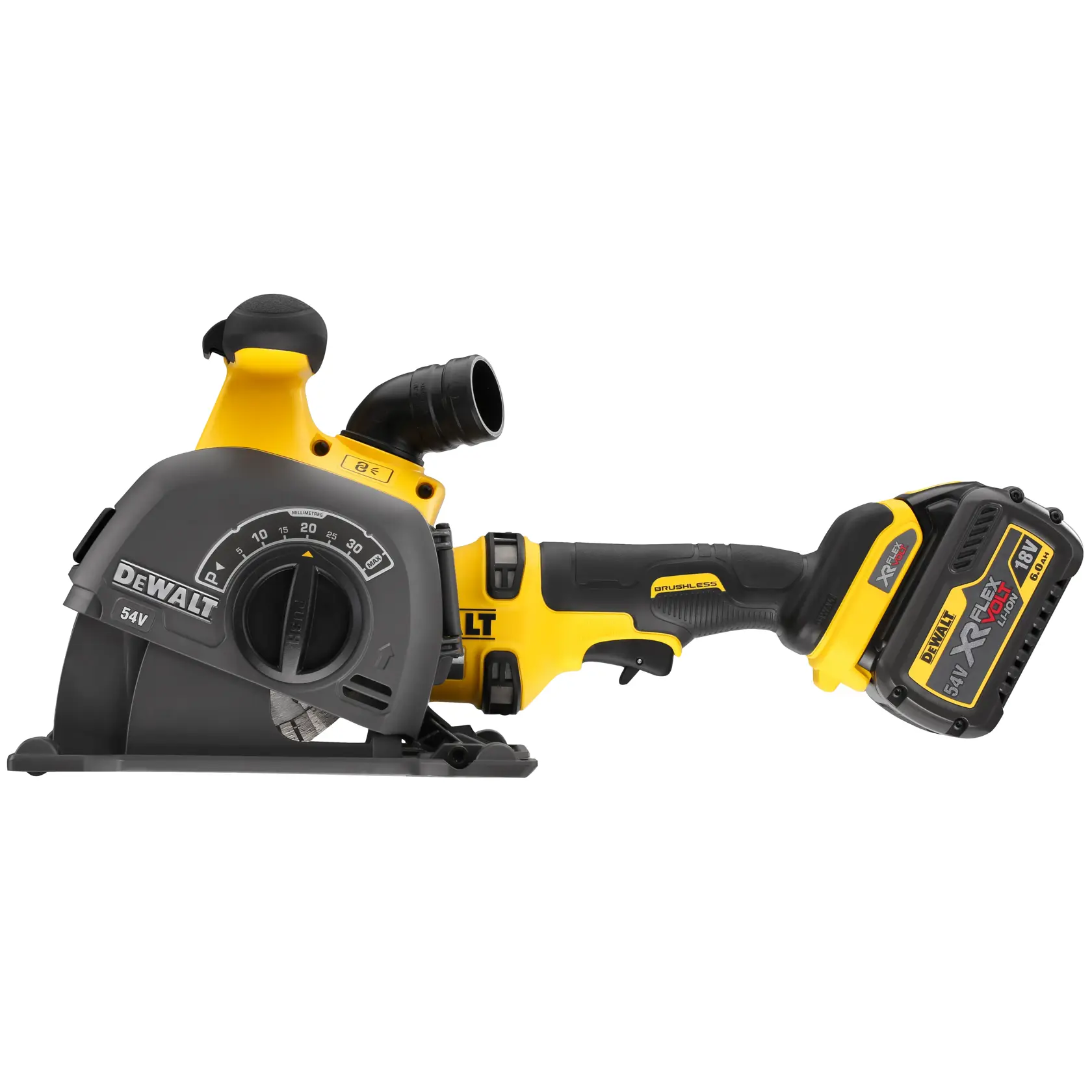 Cortadora de pared DEWALT 54V a batería con dial de profundidad ajustable para hacer ranuras.