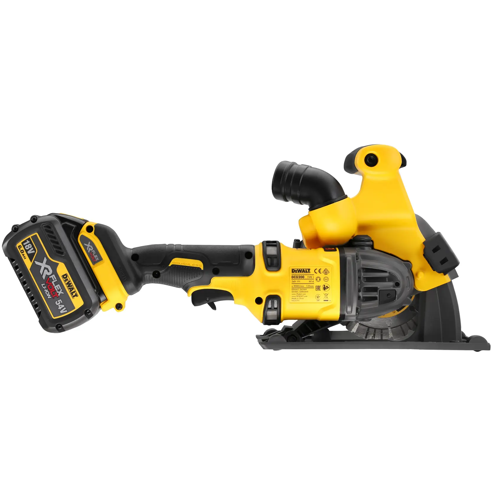DEWALT DCG200T2 ranuradora inalámbrica con batería, negro y amarillo, vista lateral.