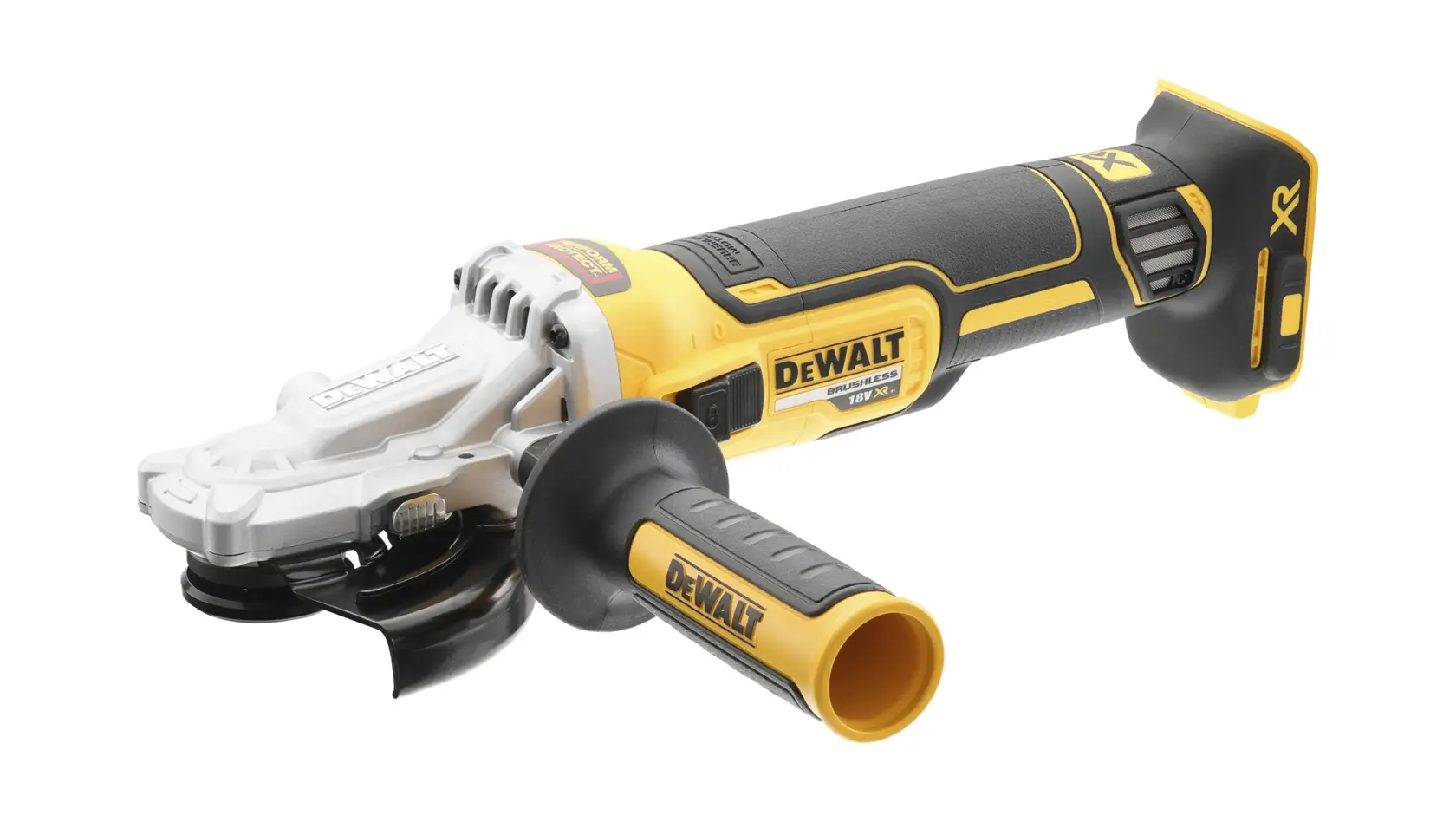 DEWALT cordless angle grinder DCG405FN with handle, black and yellow, shown on white background.