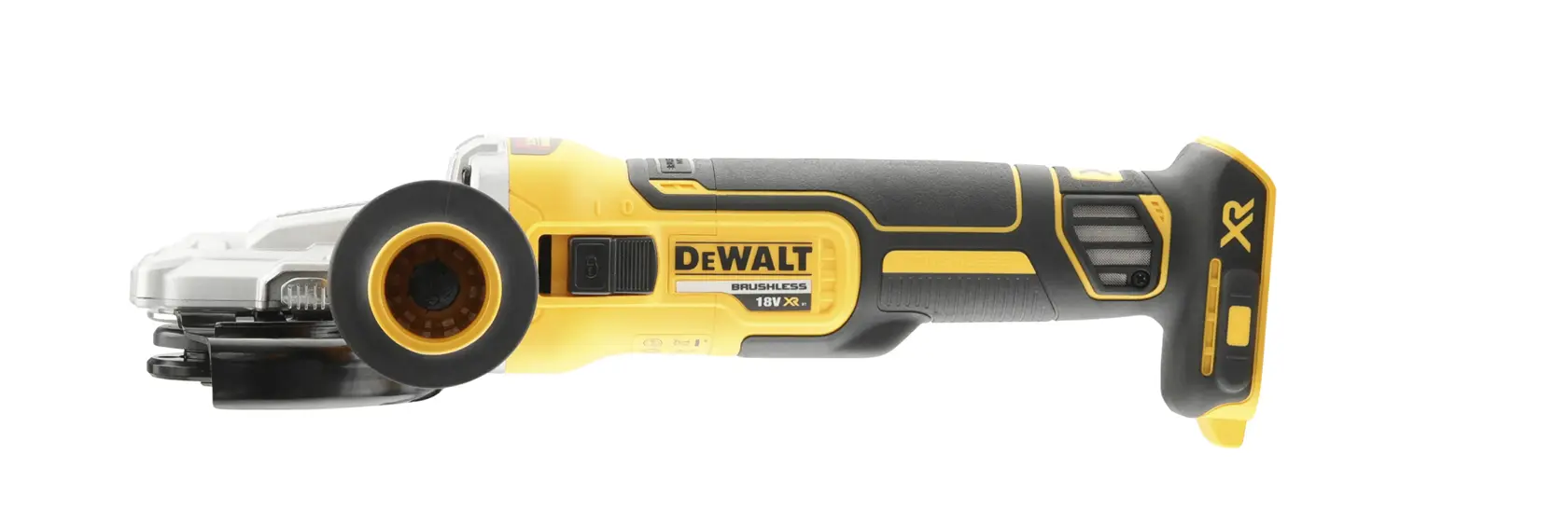 Amoladora angular inalámbrica DEWALT DCG405FN, amarilla y negra, vista lateral sobre fondo blanco.