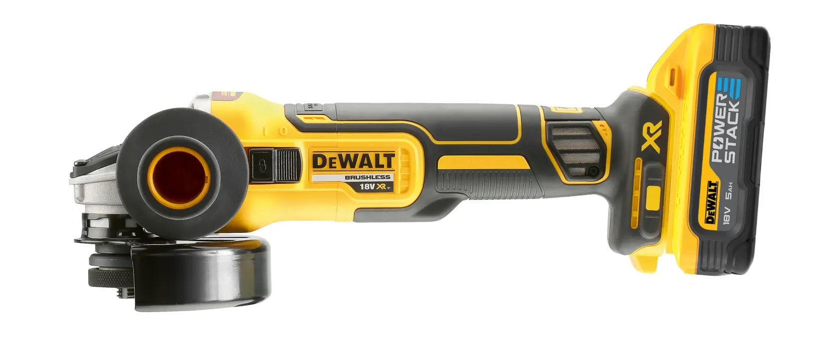 DEWALT cordless angle grinder with 18V XR Powerstack battery, yellow and black, side view on white background.