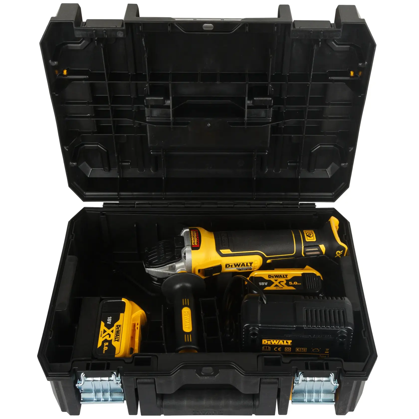 Kit meuleuse sans fil DEWALT avec batterie et chargeur dans une mallette noire.