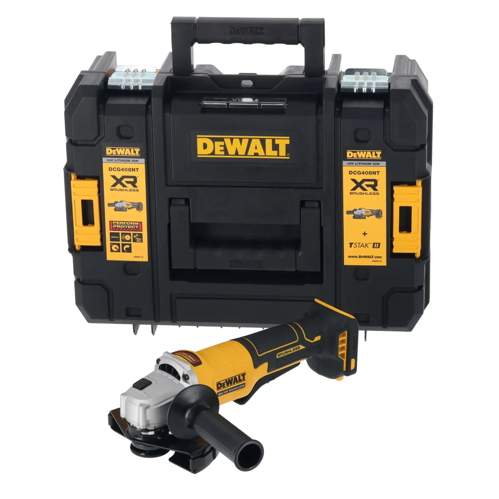DEWALT cordless angle grinder DCG408NT with yellow-black carrying case shown.