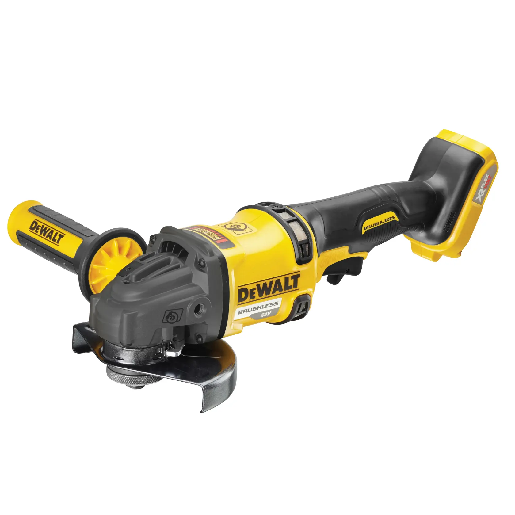 Yellow and black DEWALT cordless angle grinder tool with brushless motor and side handle.