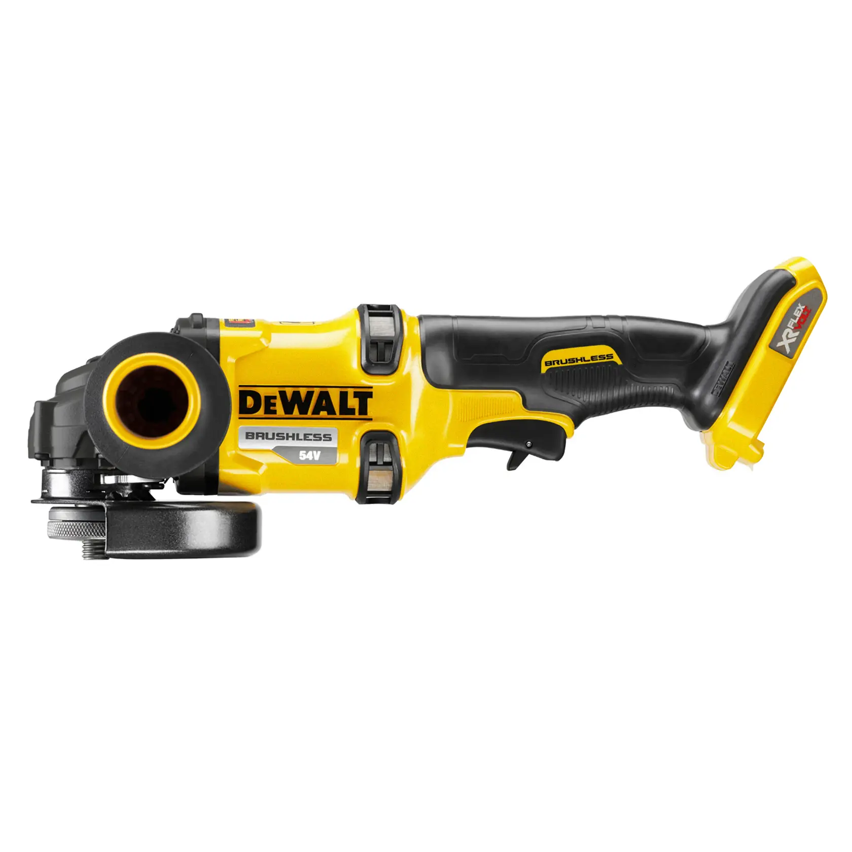 Photo of DEWALT grinder, yellow-black, side view. SKUs: DCZ507T2-XE, DCG418N-XJ, DCG418N, DCZ503X2-XE.