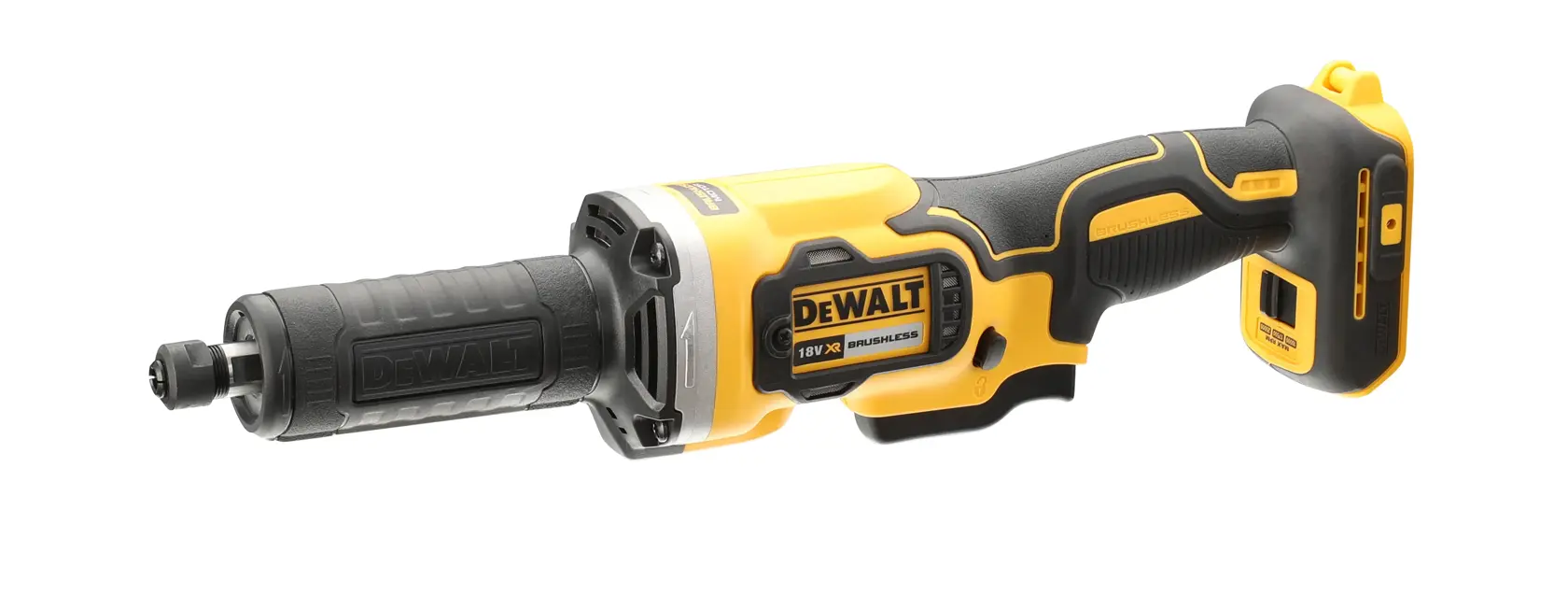 A DEWALT DCG426N cordless straight die grinder in yellow and black color, shown without battery, with ergonomic handle and brushless motor.
