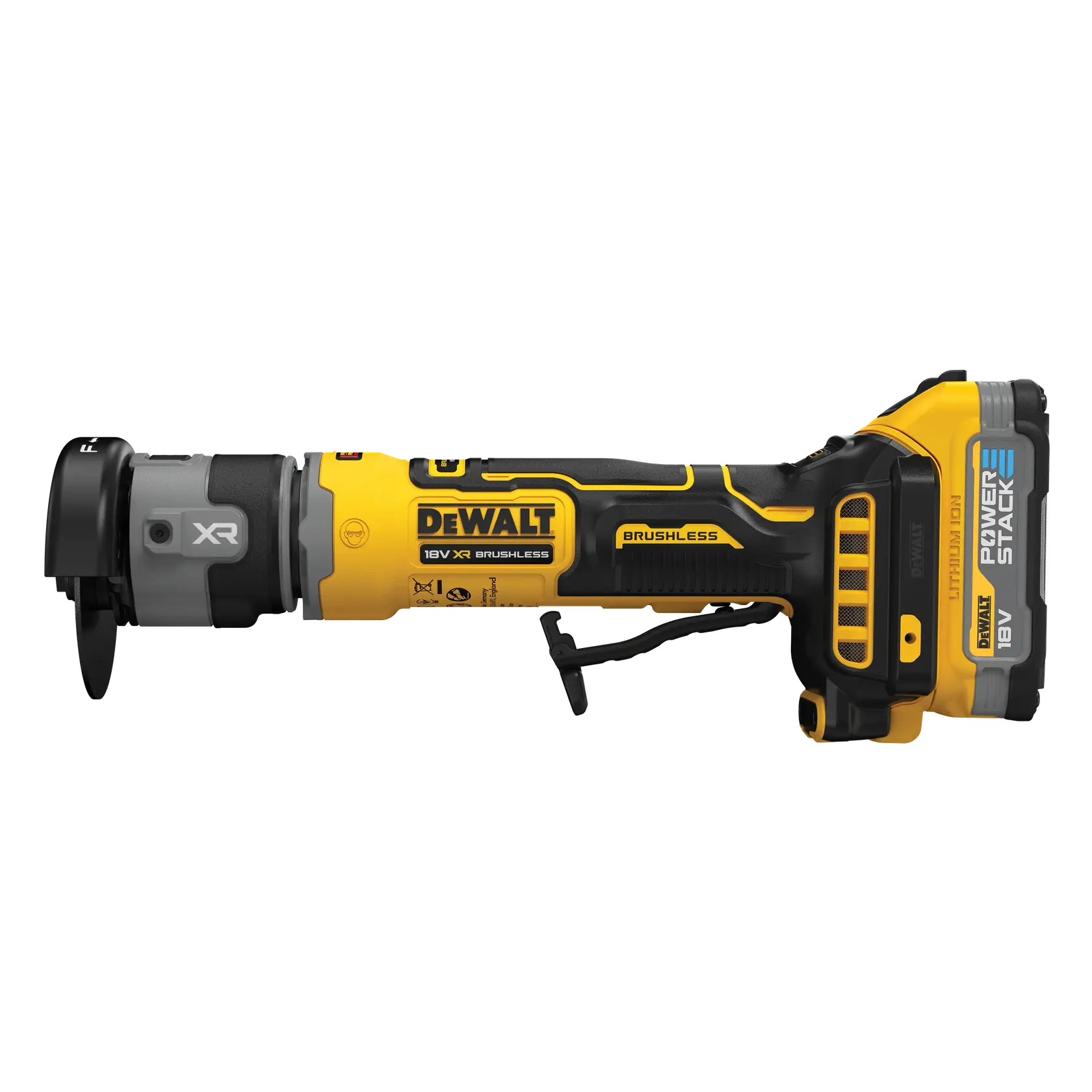 DEWALT 18V XR brushless angle grinder with POWERSTACK battery, yellow and black, side profile view.