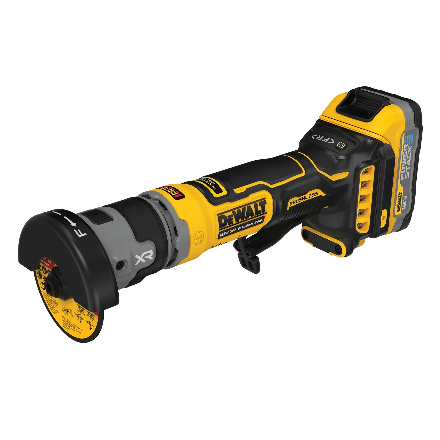 DEWALT cordless angle grinder, black and yellow, with brushless motor and battery pack.