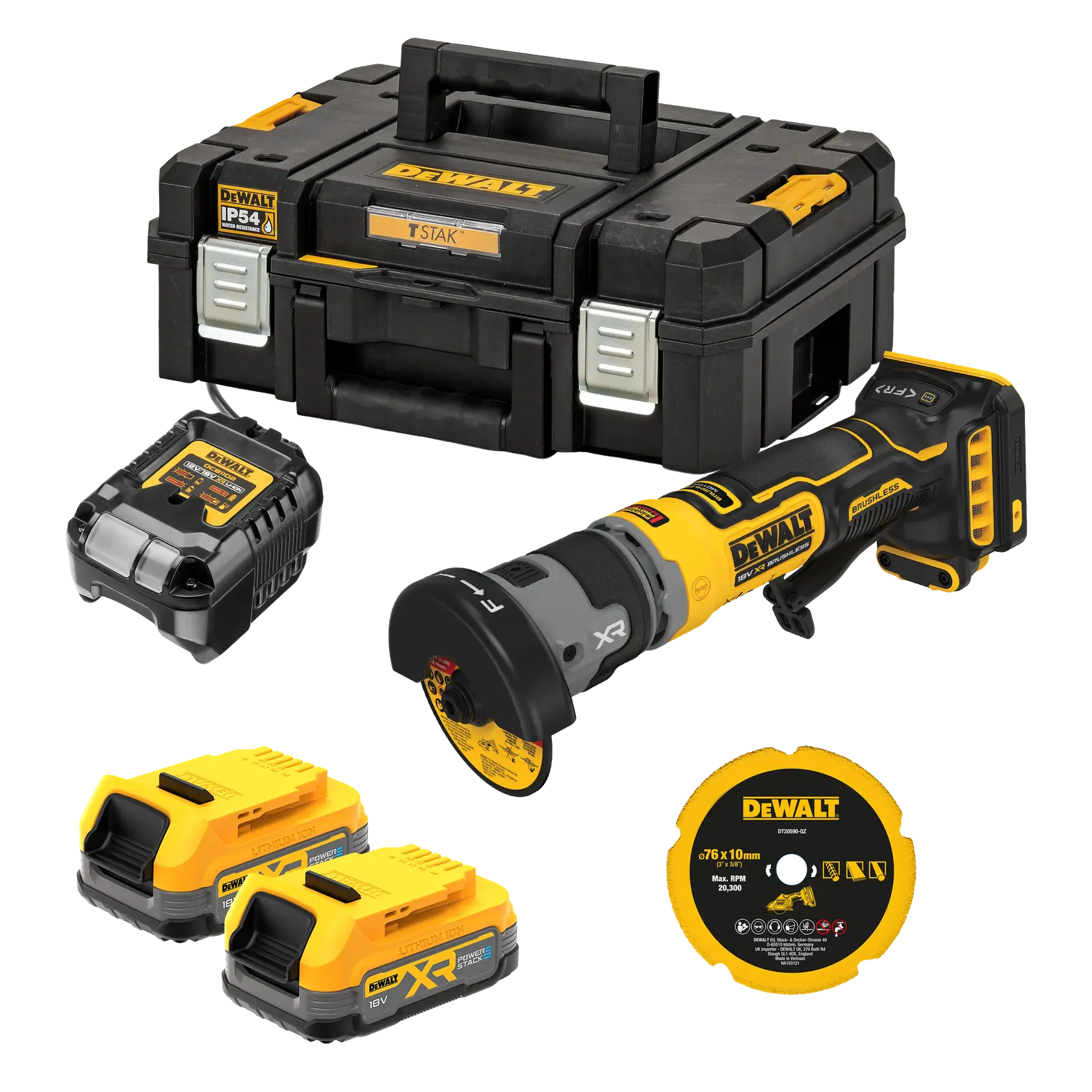 DEWALT cordless grinder kit with batteries, charger, cutting disc, and sturdy case.