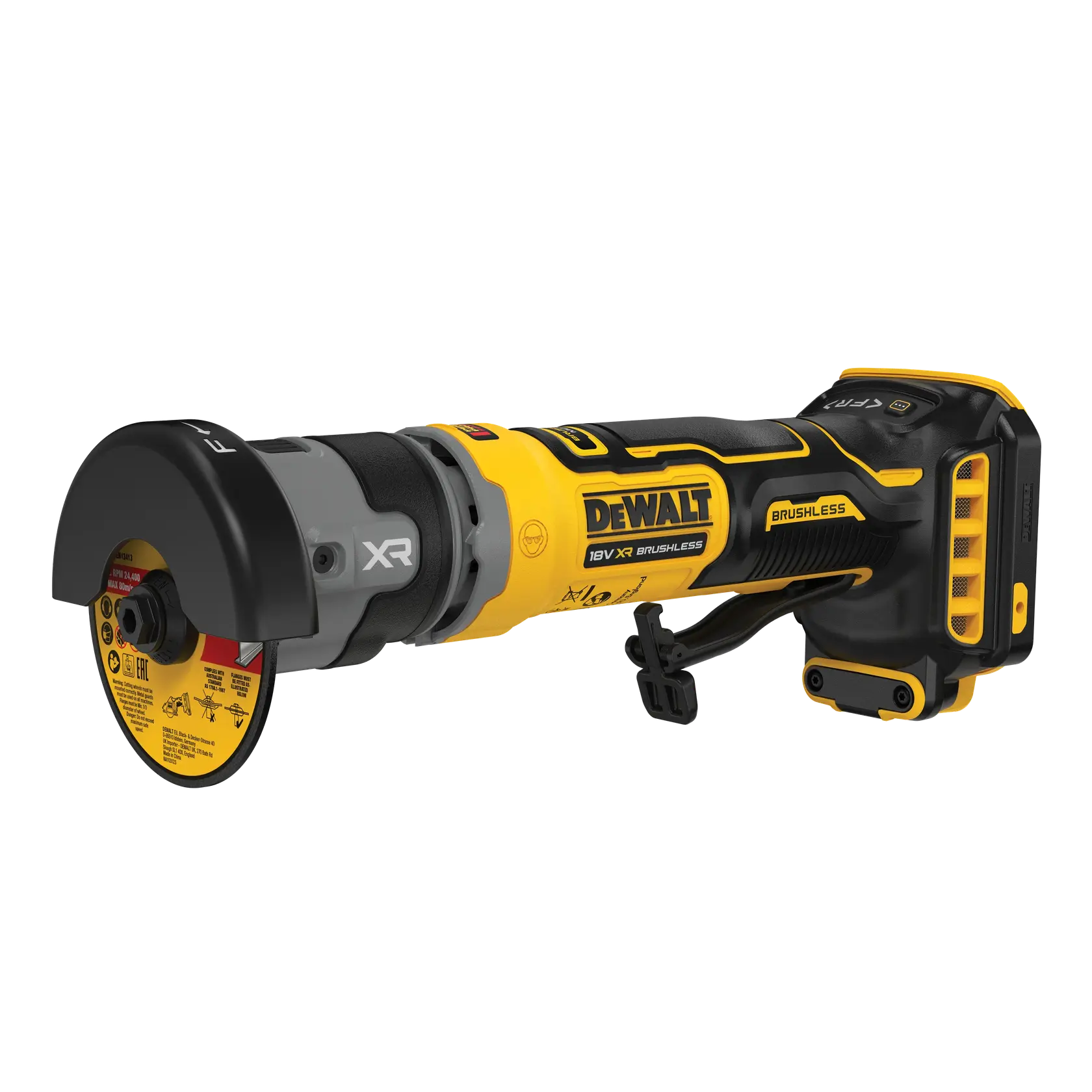 DEWALT DCG430N-XJ and DCG430N cordless grinder tool, black and yellow, side view.
