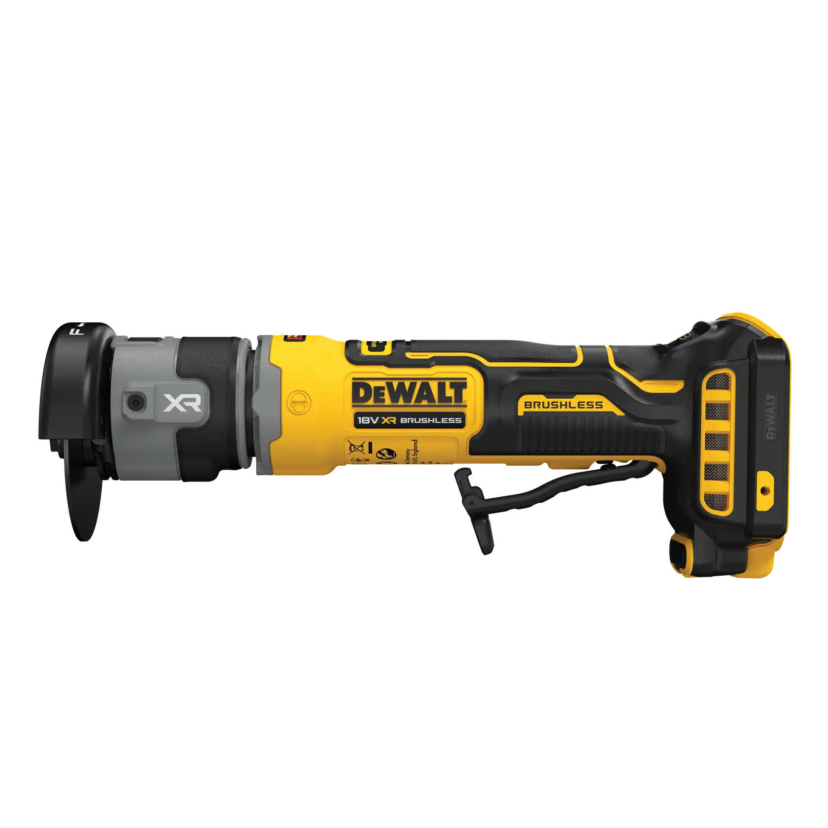 DEWALT XR brushless tool, DCG430N-XJ and DCG430N, yellow-black, side view.