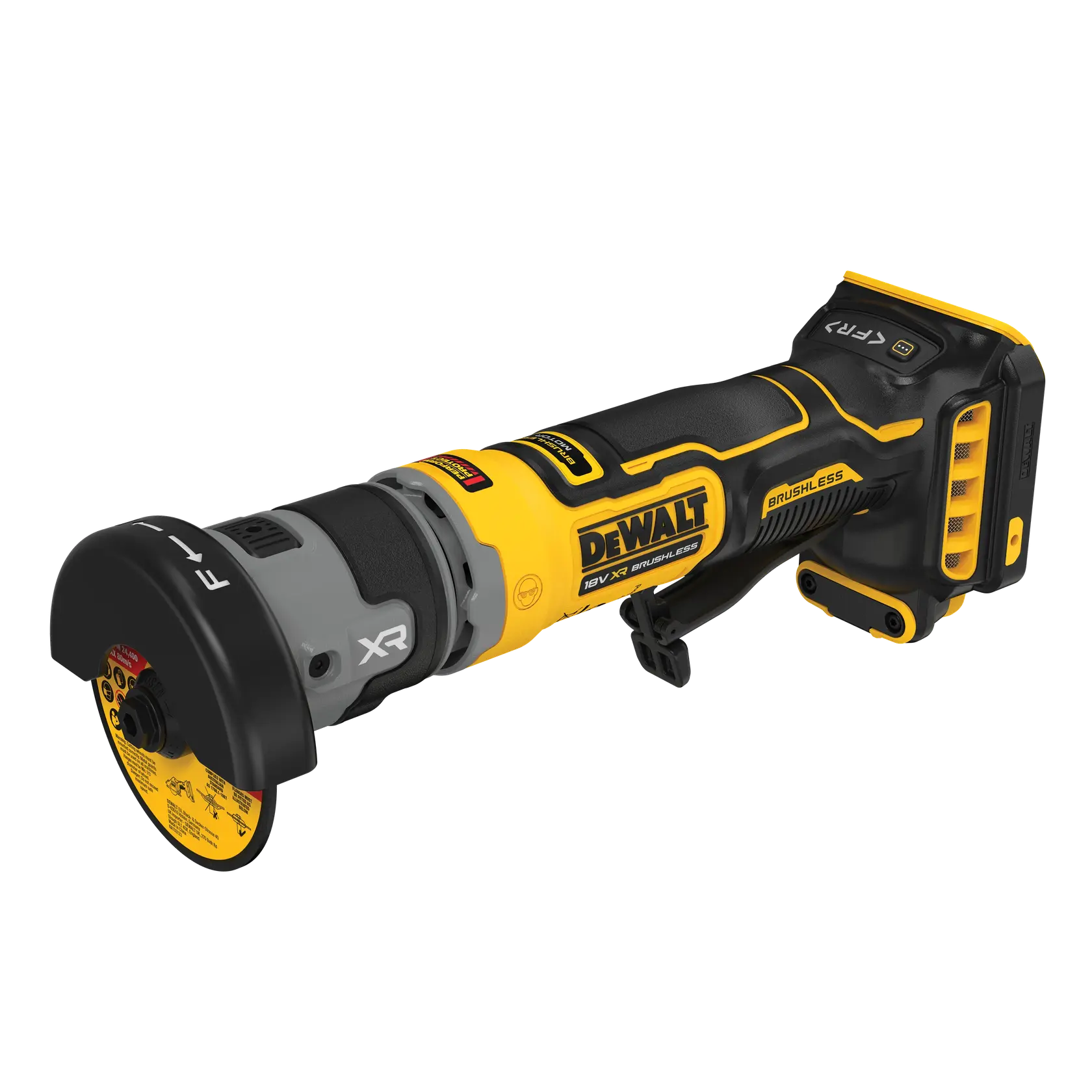 DEWALT cordless angle grinder, DCG430N-XJ and DCG430N SKUs, yellow-black, photography category.