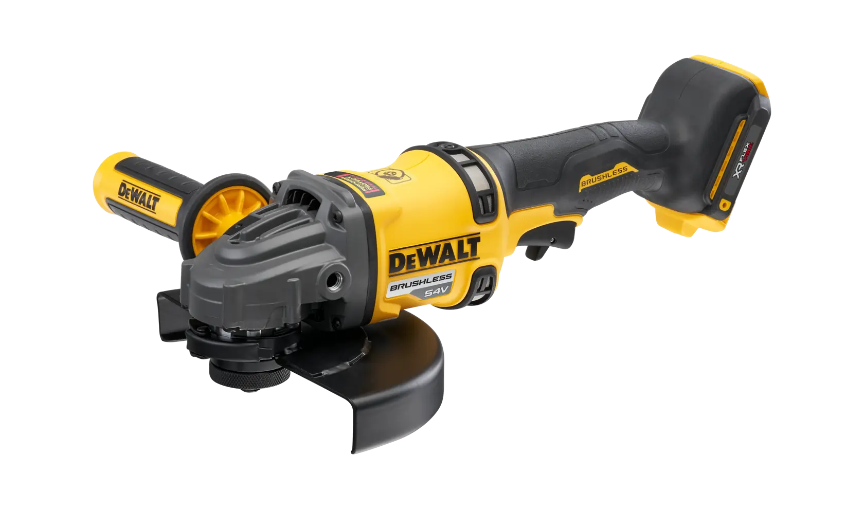 DEWALT cordless angle grinder with brushless motor, yellow and black design, side handle, 54V battery.