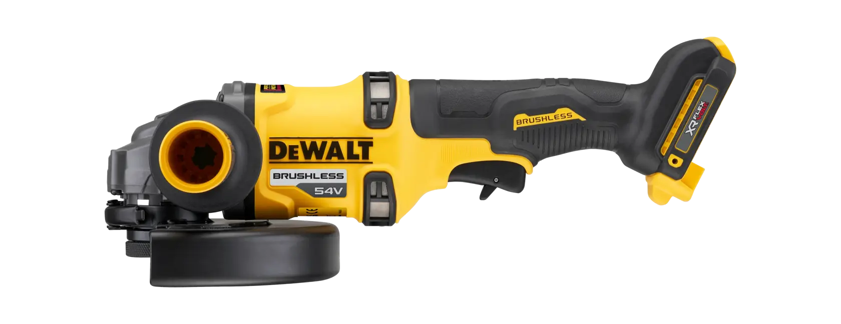 Amoladora angular DEWALT sin cable brushless, amarilla y negra, herramienta 54V vista lateral.