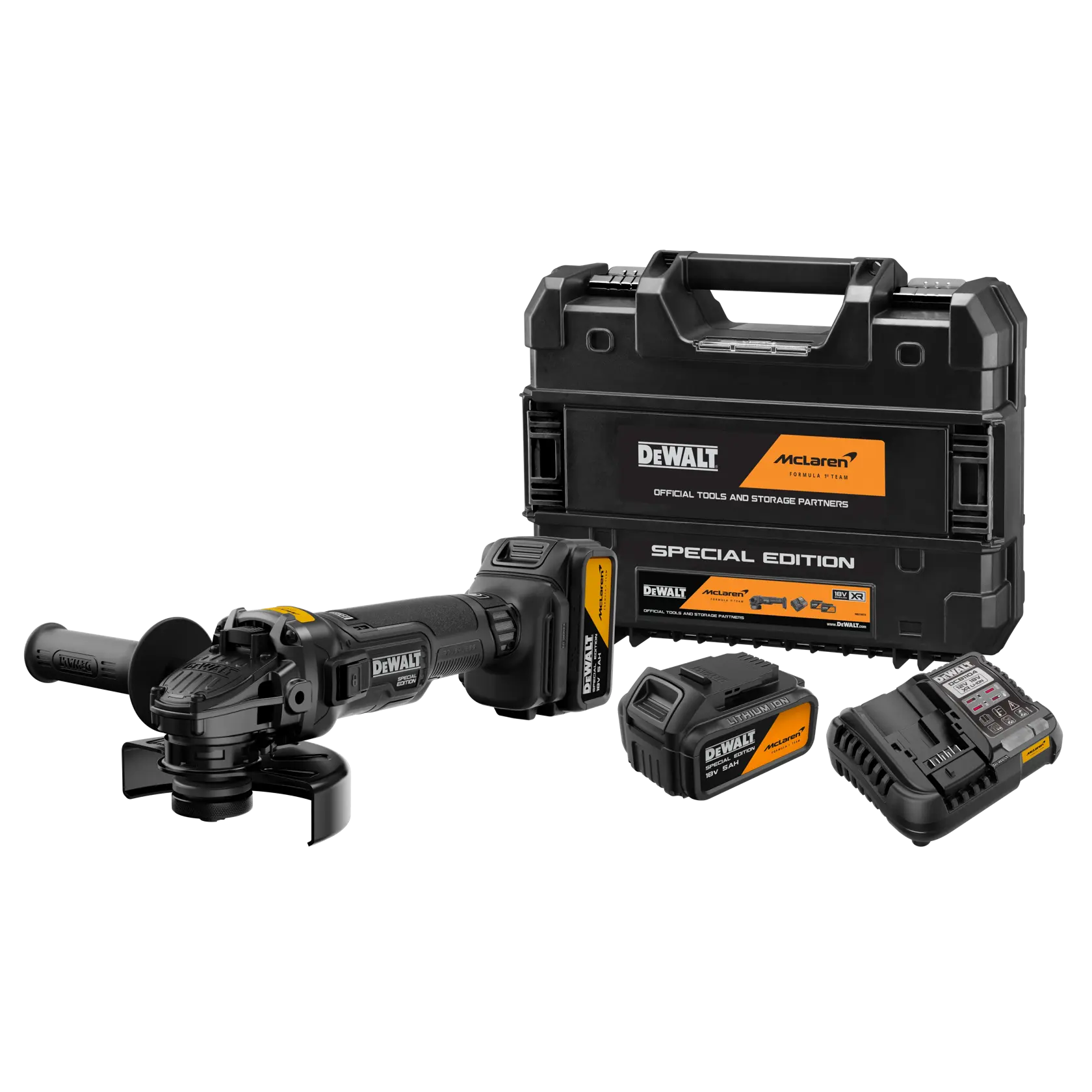 DEWALT DCG45MP2T-QW, DCG45MP2T grinder kit with batteries, charger, and special edition case.