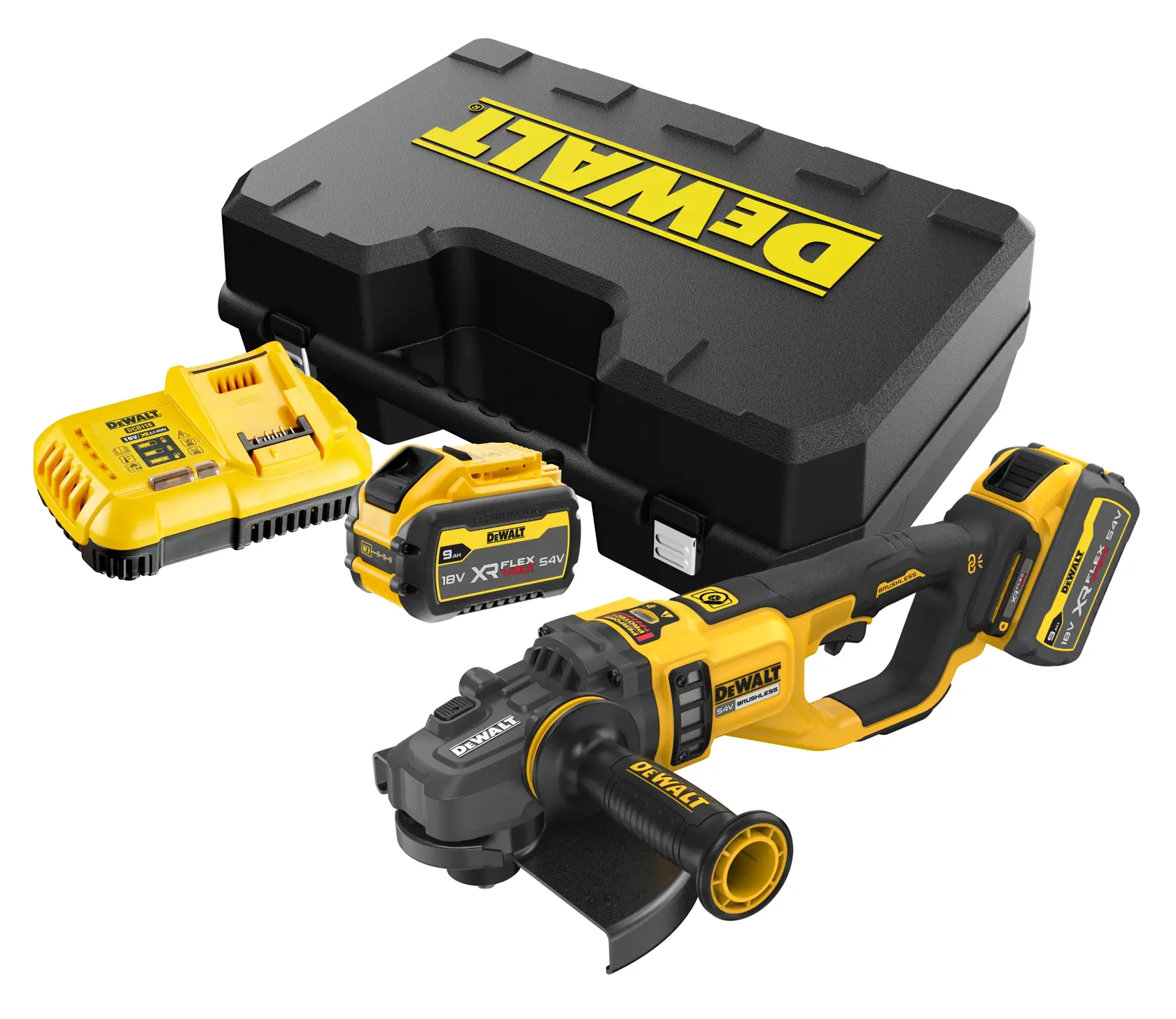 Kit meuleuse sans fil DEWALT avec batterie, chargeur, mallette et accessoires sur fond blanc.