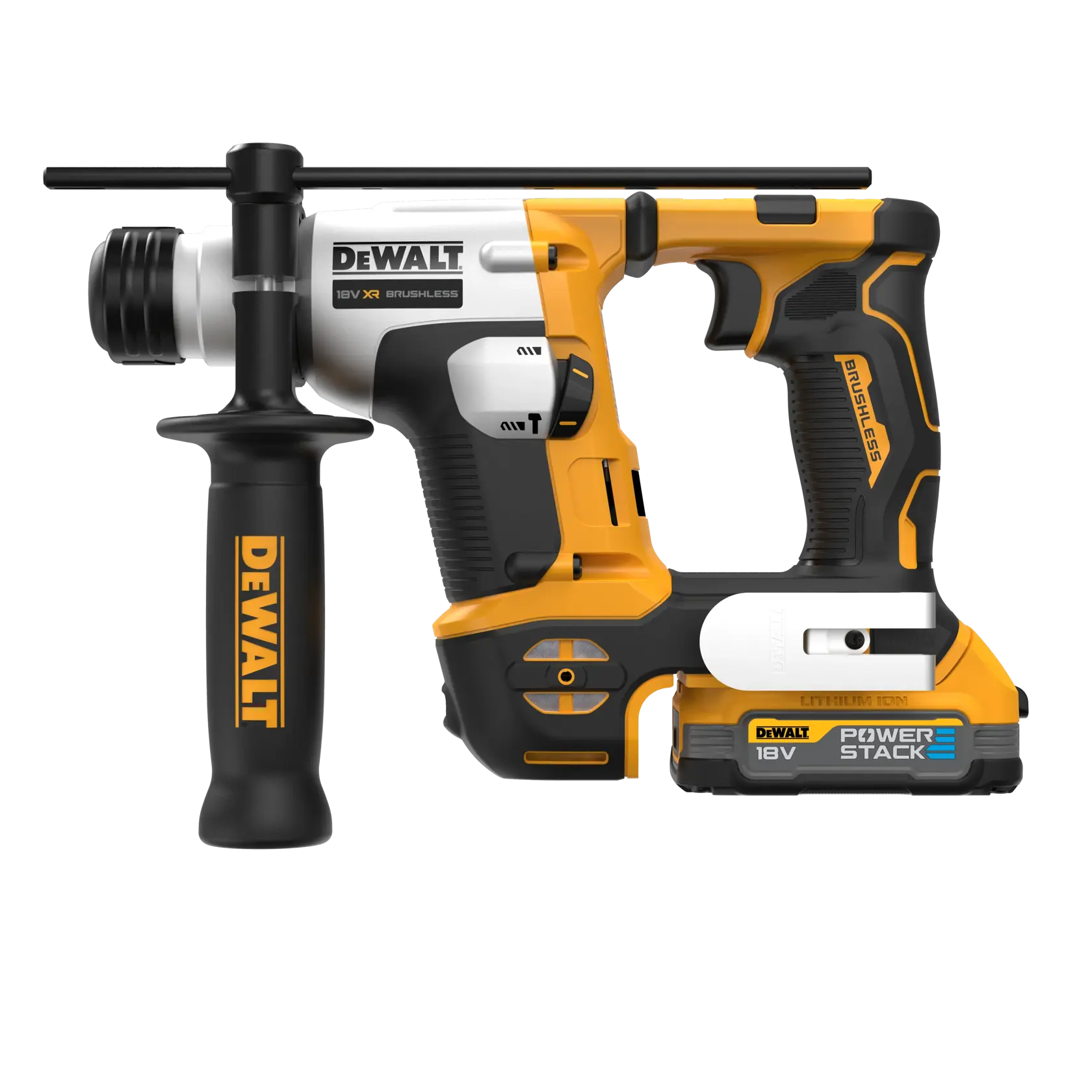 Taladro percutor rotativo DEWALT 18V XR sin escobillas con batería POWERSTACK, incluye mango lateral para mejor agarre, mostrado sobre fondo blanco.