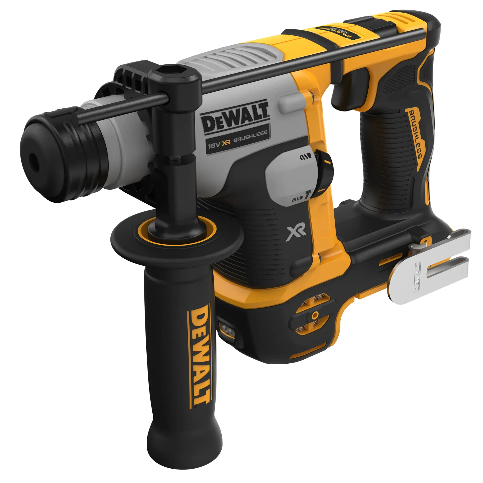 DEWALT DCH172NT-XJ, DCH172NT Bohrhammer, gelb-schwarz Fotoprodukt, Nahaufnahme Seitenansicht.