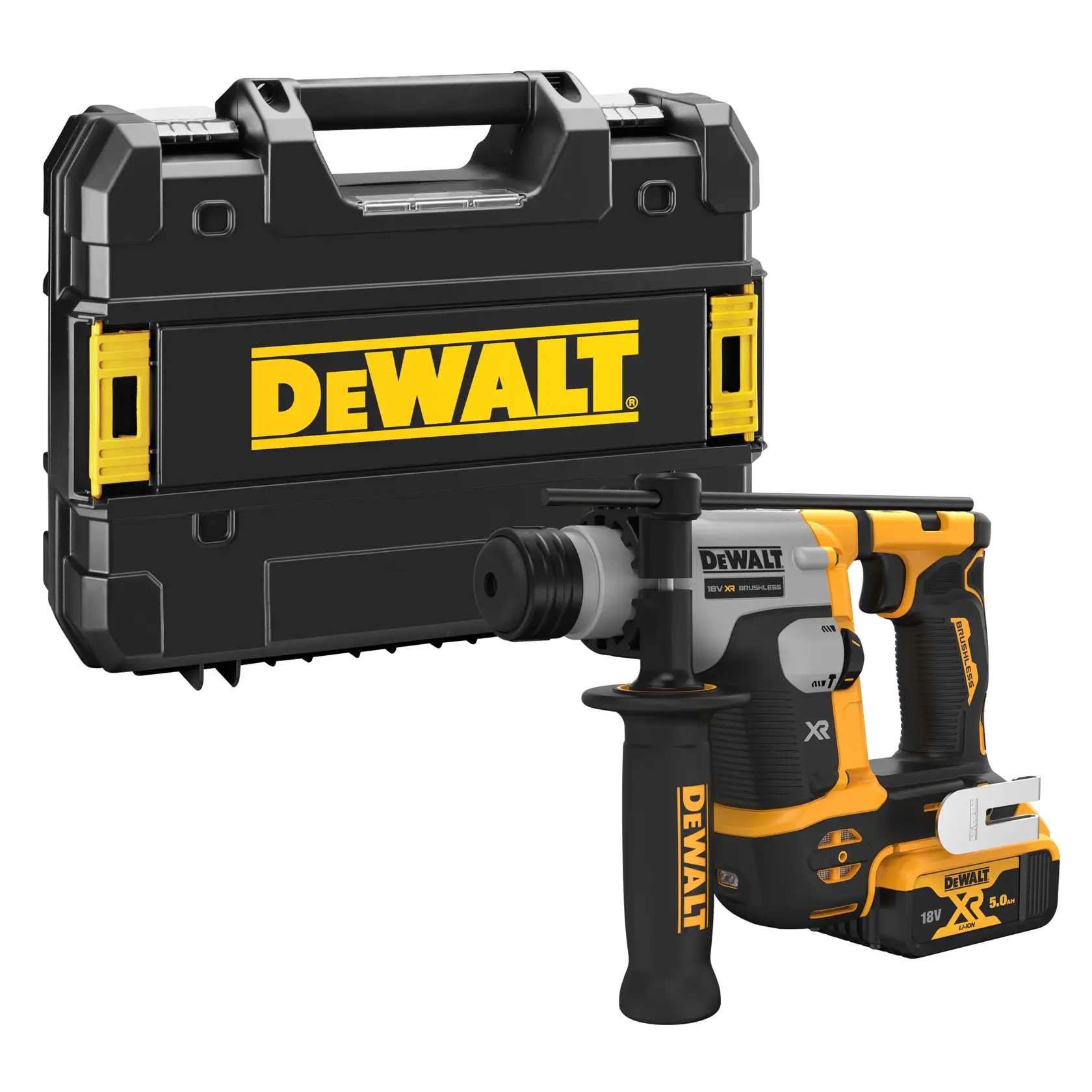 A DEWALT cordless rotary hammer drill with an ergonomic handle, shown alongside its black and yellow branded carrying case.