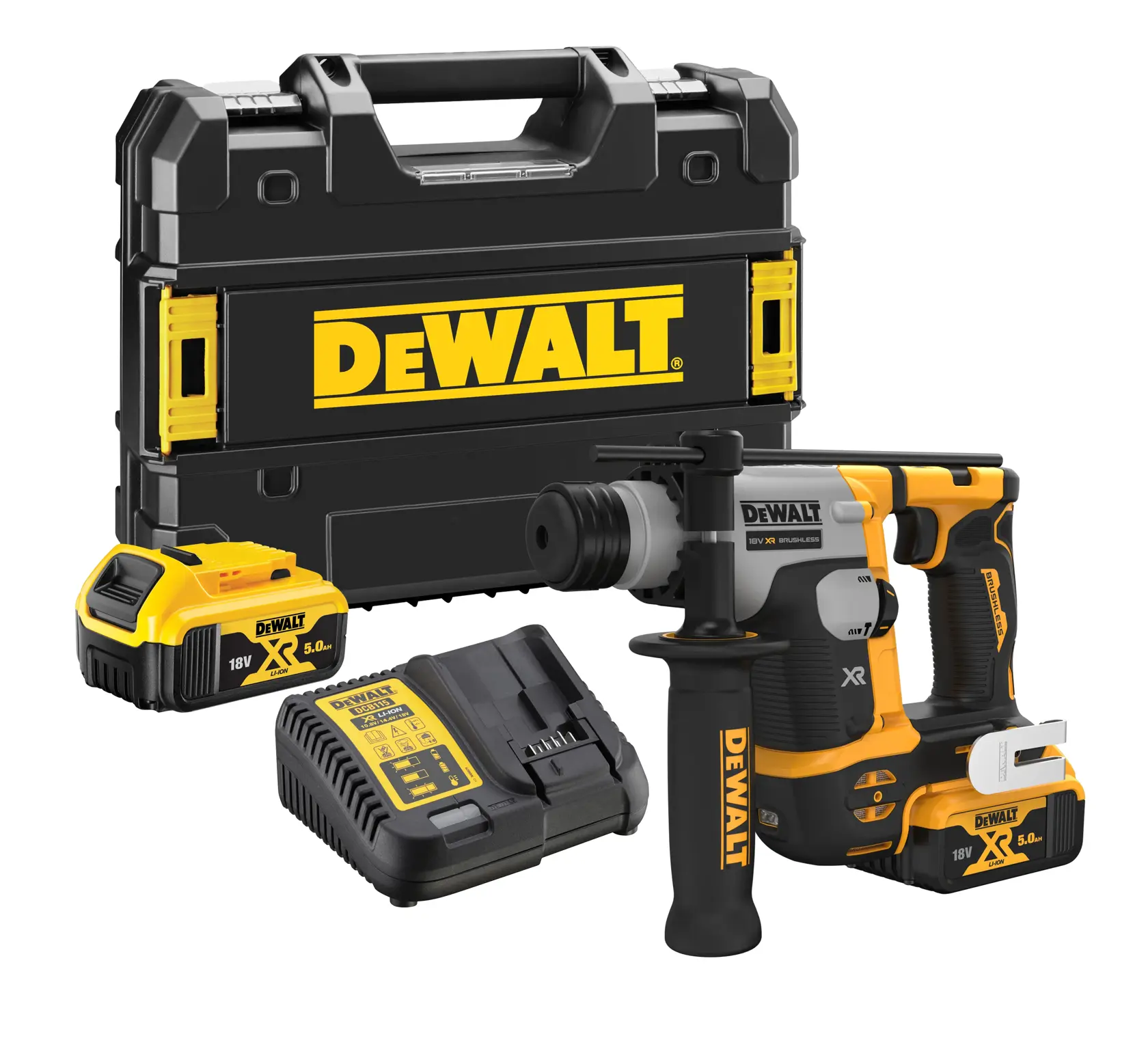 Kit marteau perforateur sans fil DEWALT comprenant une mallette rigide noire et jaune, deux batteries lithium-ion XR 18V, un chargeur de batterie et le marteau rotatif DCH172P2 avec poignée latérale.