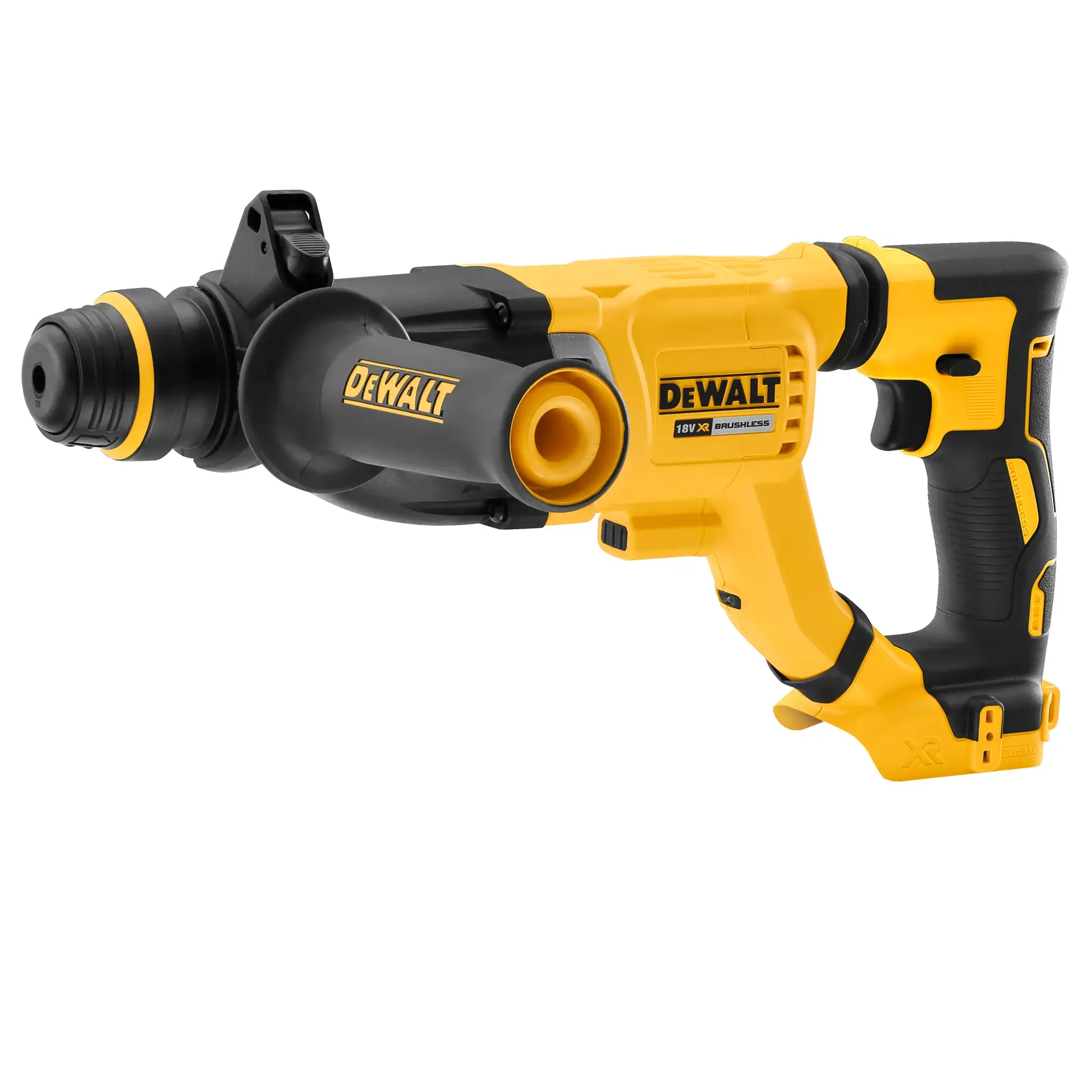 A DEWALT DCH263N cordless rotary hammer drill with a yellow and black design, featuring an ergonomic handle and side grip for control and stability.