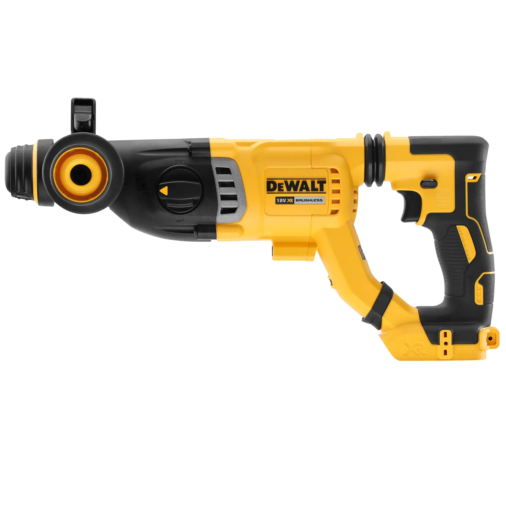 Dewalt DCH263N 18V XR cordless rotary hammer drill with a yellow and black body, ergonomic grip, and brushless motor design, shown from the side.