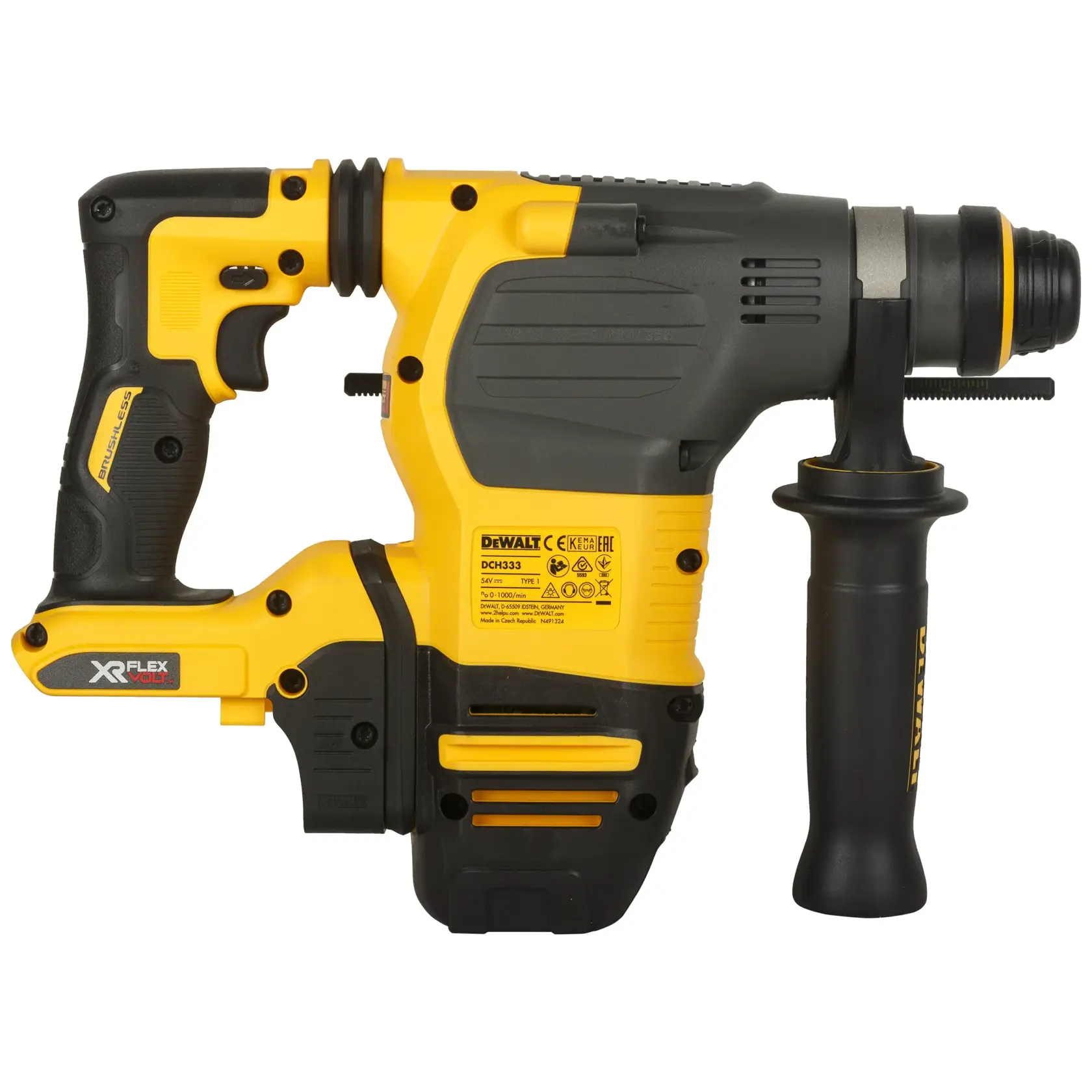 Martillo rotativo inalámbrico DEWALT DCH333NT amarillo y negro con mango lateral para construcción.
