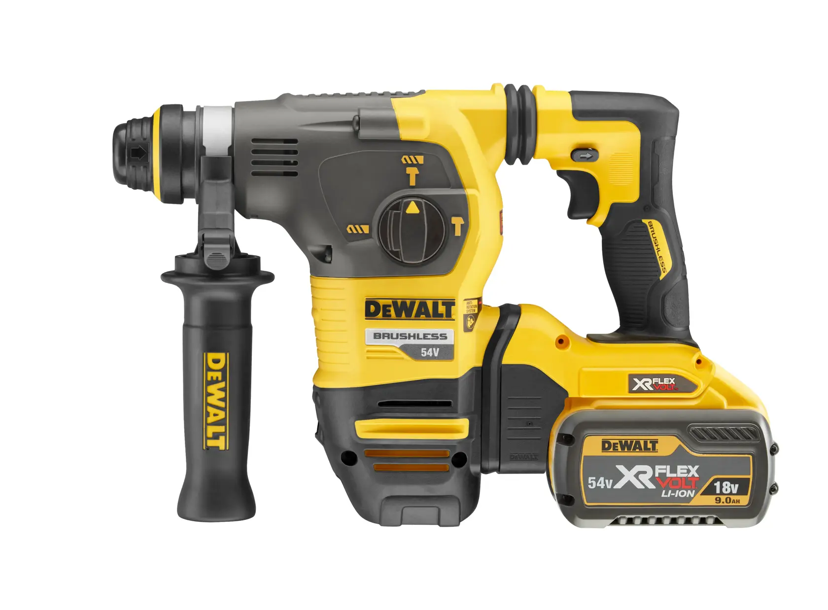 Martillo rotativo inalámbrico DEWALT DCH333X2 con tecnología brushless 54V, diseño negro y amarillo, empuñadura lateral y batería recargable de gran tamaño.