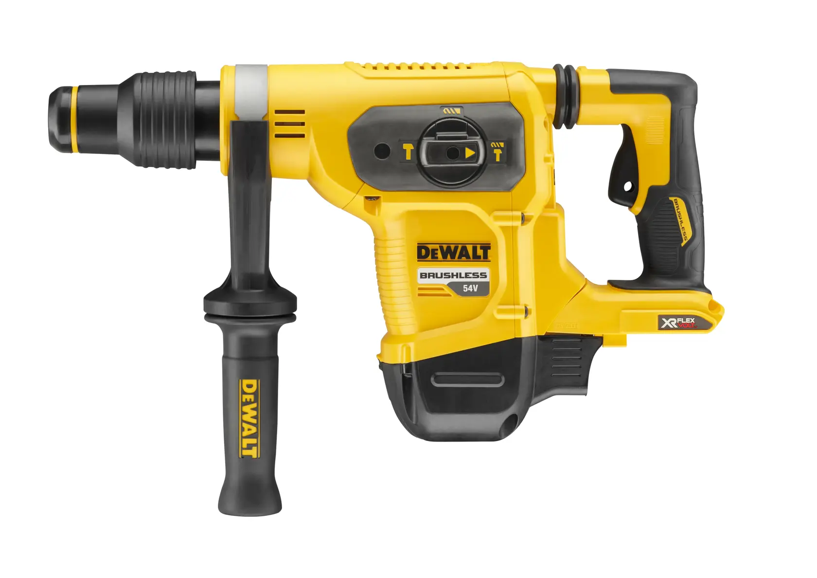 Martillo perforador DEWALT amarillo inalámbrico con asa lateral, motor brushless, 54V XR FLEXVOLT.