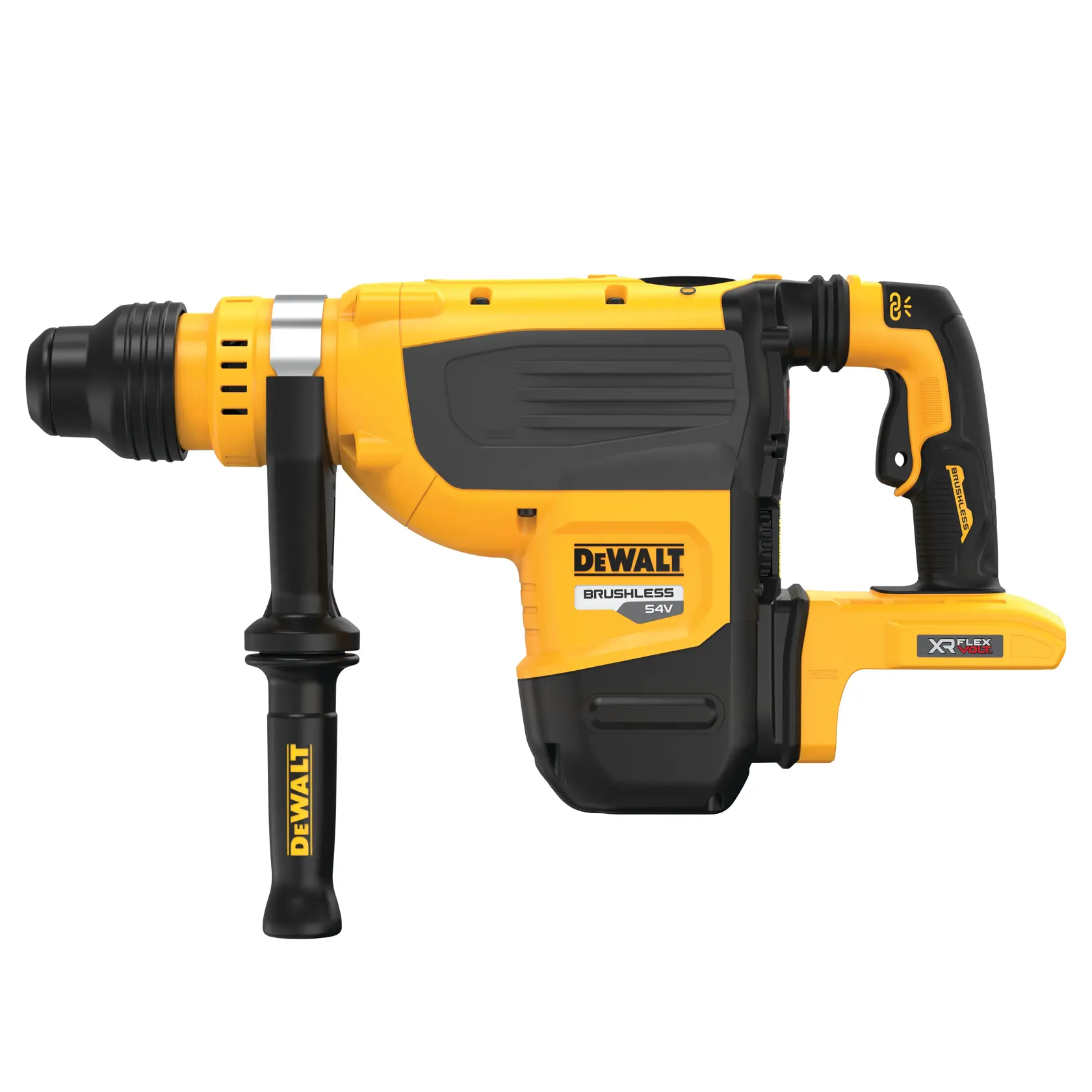Vista lateral de un martillo rotativo inalámbrico DEWALT DCH735N 54V sin escobillas, con cuerpo amarillo y negro, empuñadura auxiliar y etiqueta XR FLEXVOLT.