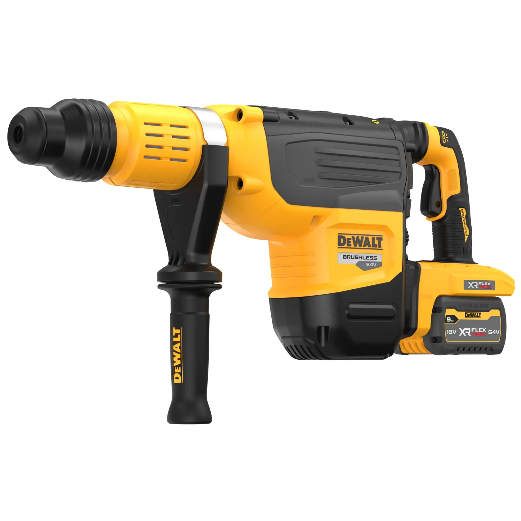 Un marteau perforateur sans fil brushless jaune et noir DEWALT, modèle DCH775X2, doté d'une batterie au lithium-ion XR FLEXVOLT et d'une poignée latérale.