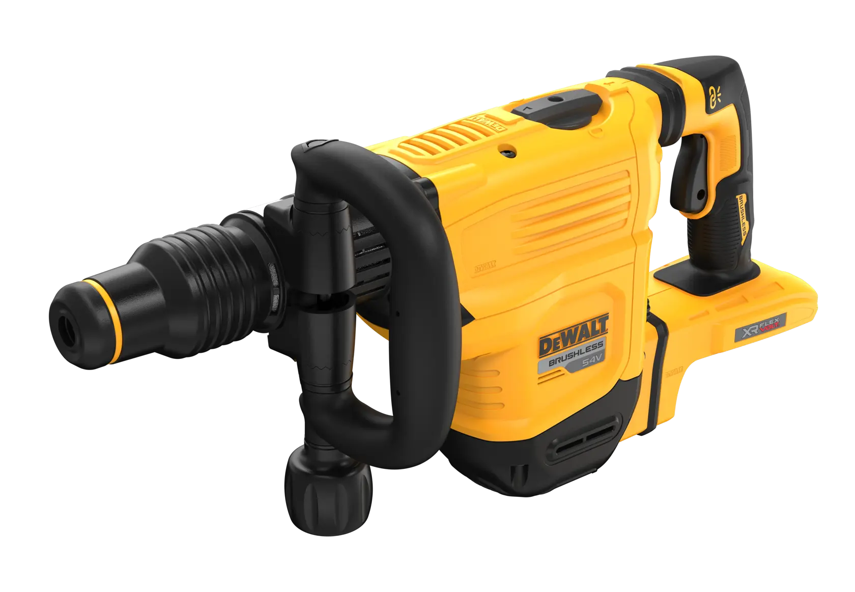 Gelber DEWALT kabelloser Brushless-Abbruchhammer mit Griffen und SDS MAX Werkzeughalter.