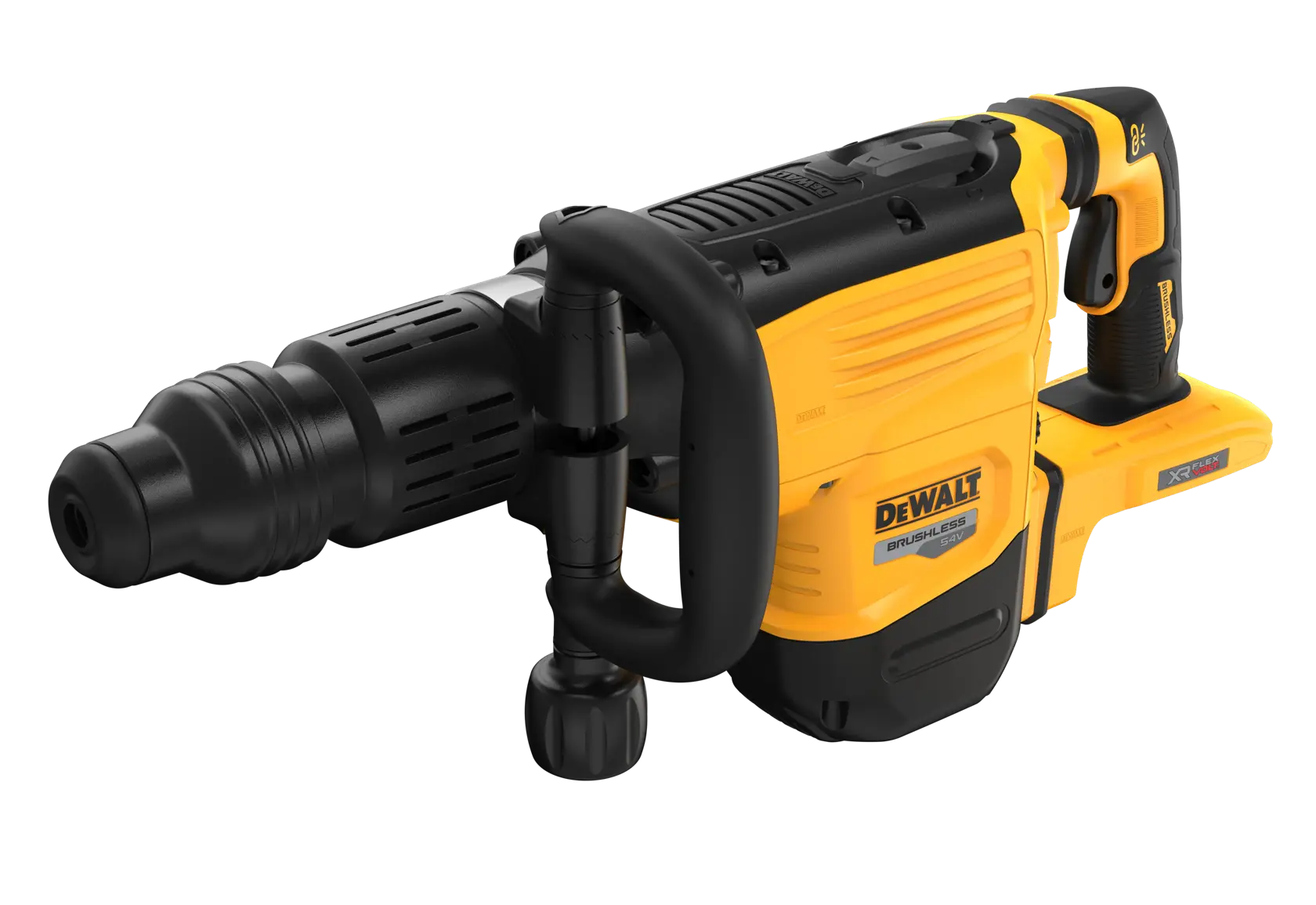 Martillo rotativo inalámbrico DEWALT amarillo y negro con empuñadura lateral sobre fondo blanco.