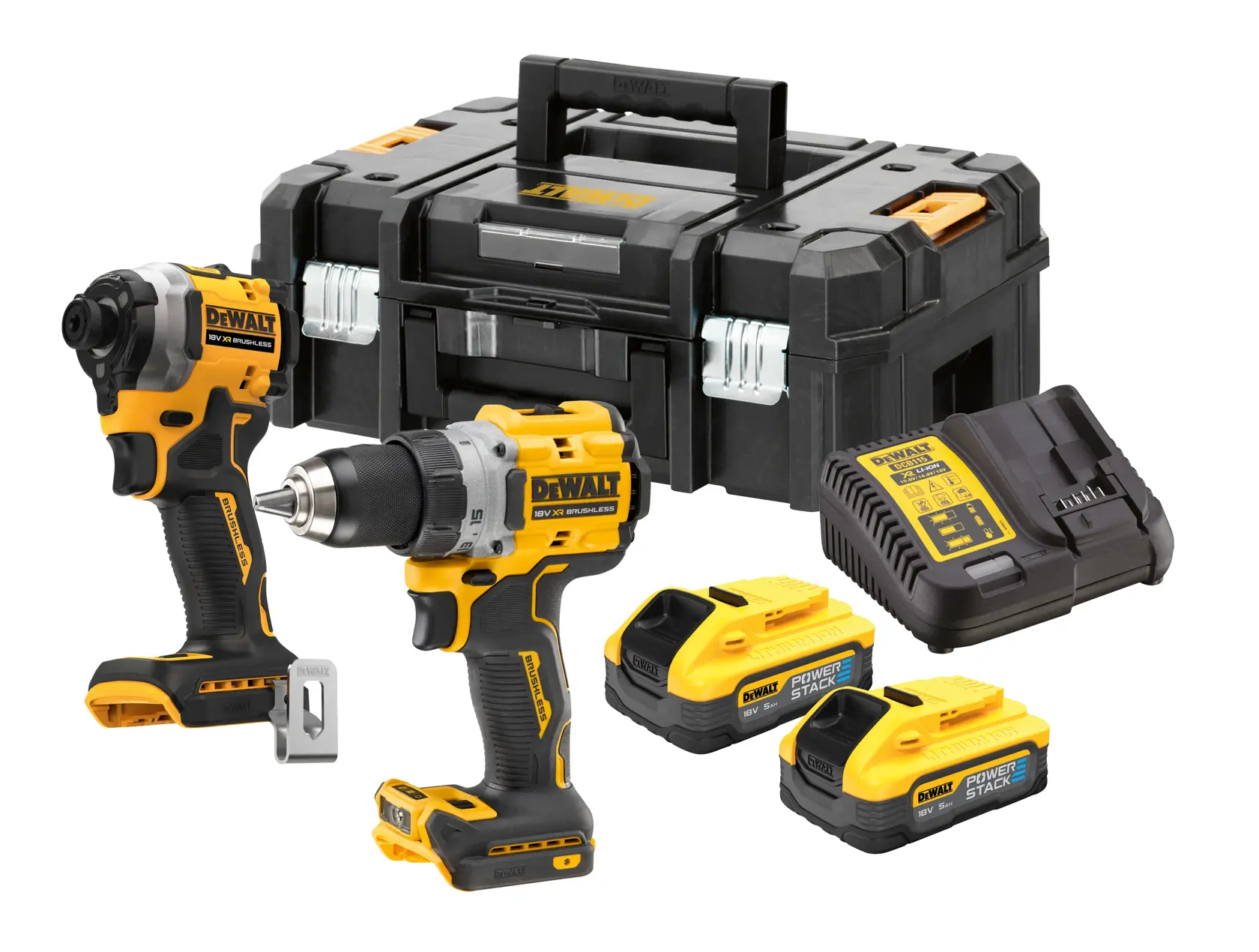 DEWALT tool kit with drill, impact driver, charger, two batteries, and black case.