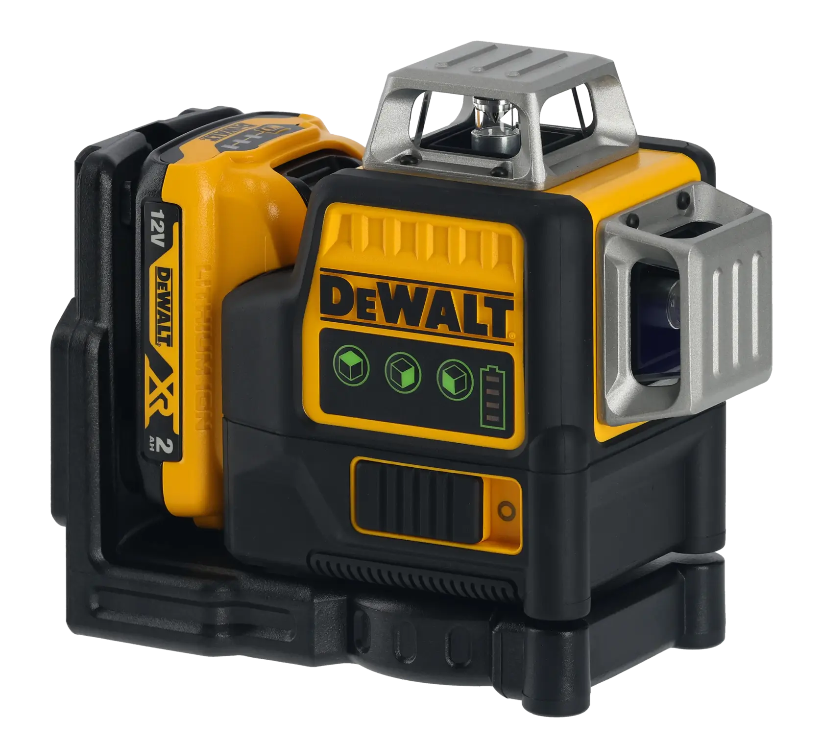 DEWALT 12V XR laser level tool, compact design with yellow and black housing, control buttons and battery pack.