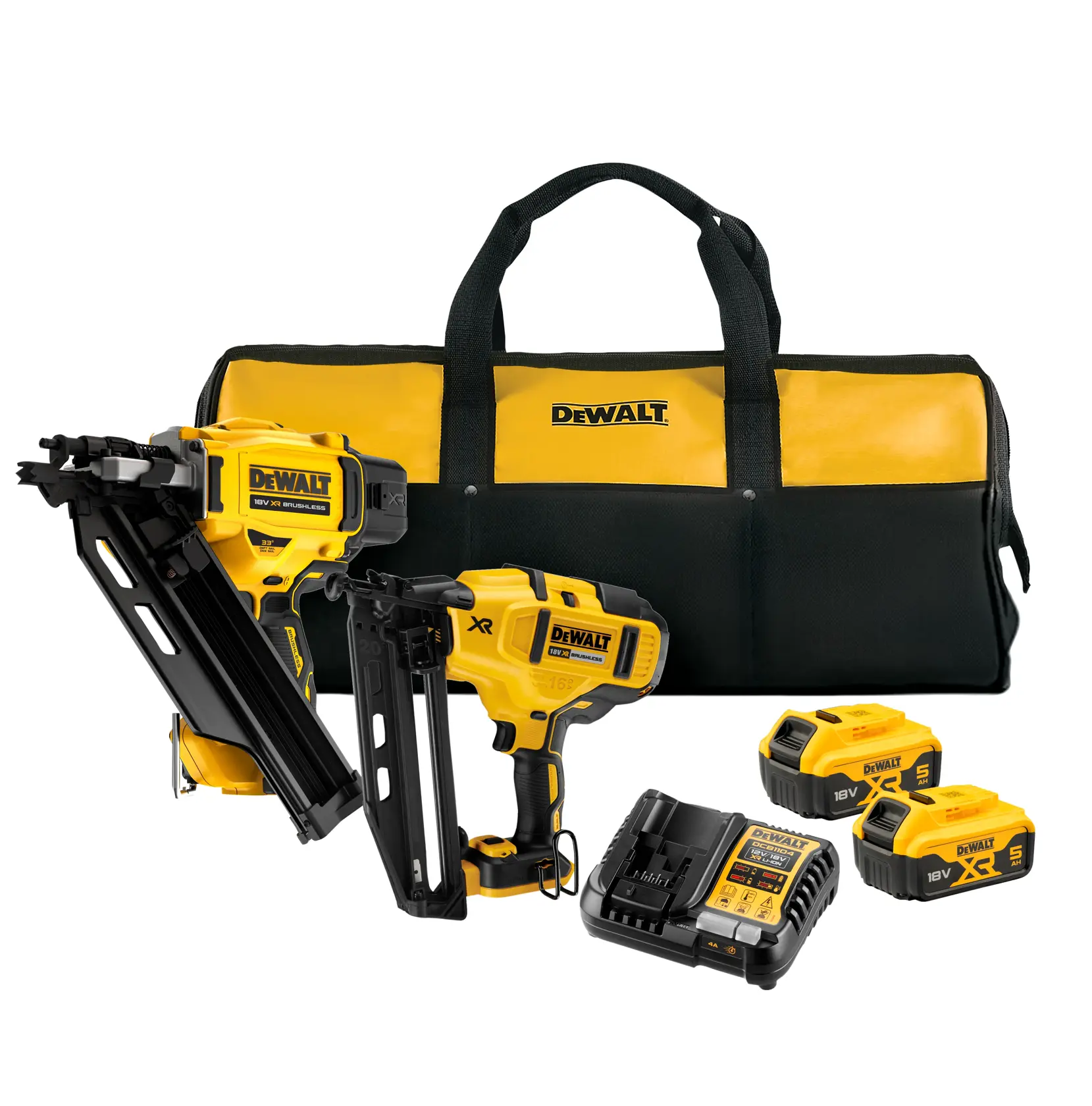 DEWALT nailer kit with two nailers, batteries, charger, and yellow-black carrying bag.