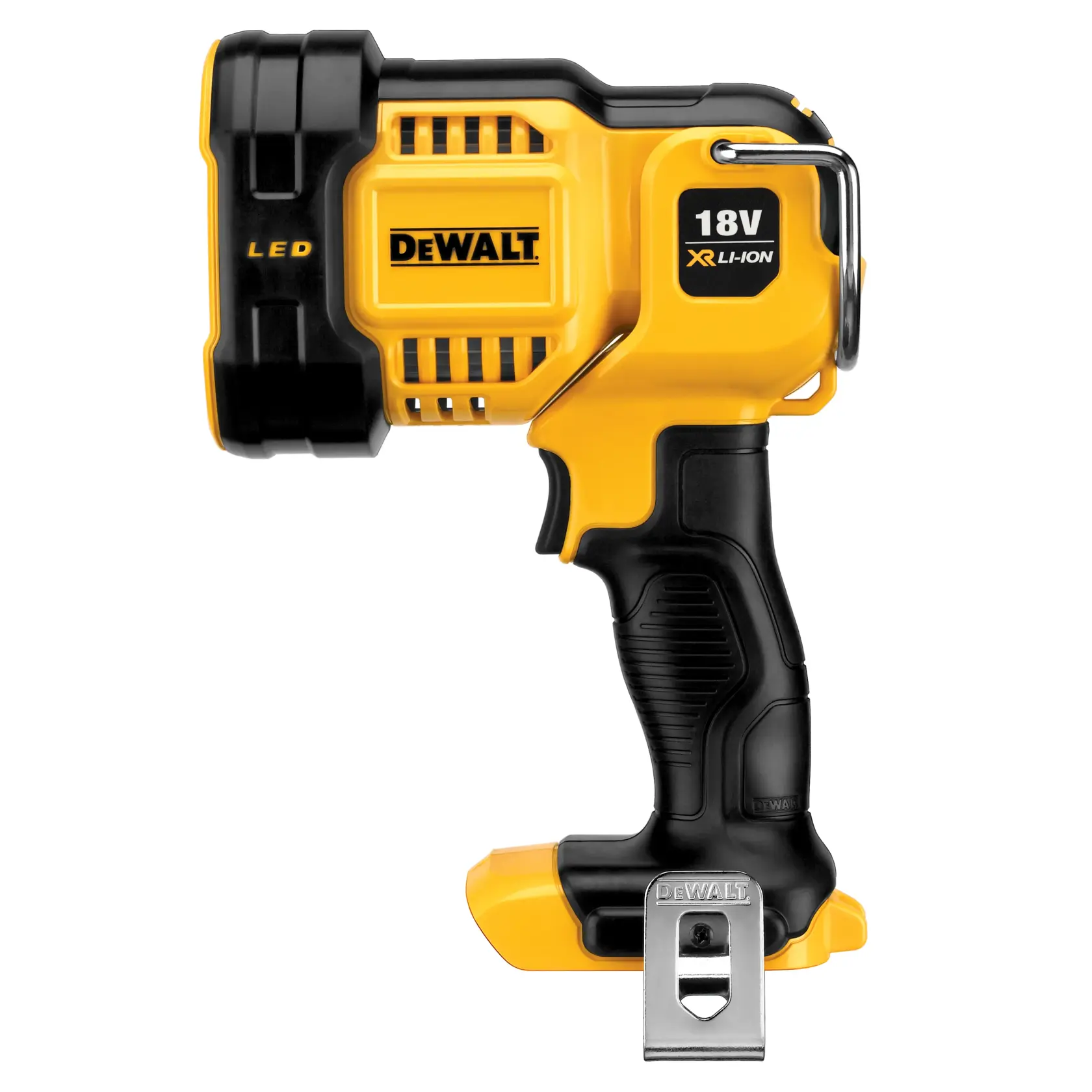 A DEWALT 20V MAX LED handheld work light with four LED bulbs and a black and yellow ergonomic handle, standing upright on a white background.