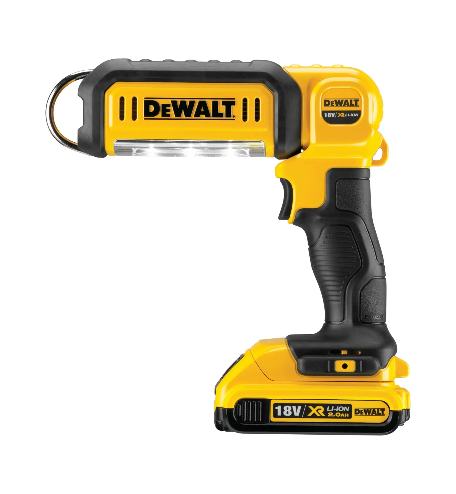 DEWALT DCL050 kabellose LED-Arbeitslampe mit gelb-schwarzem Griff und 18V-Akku.