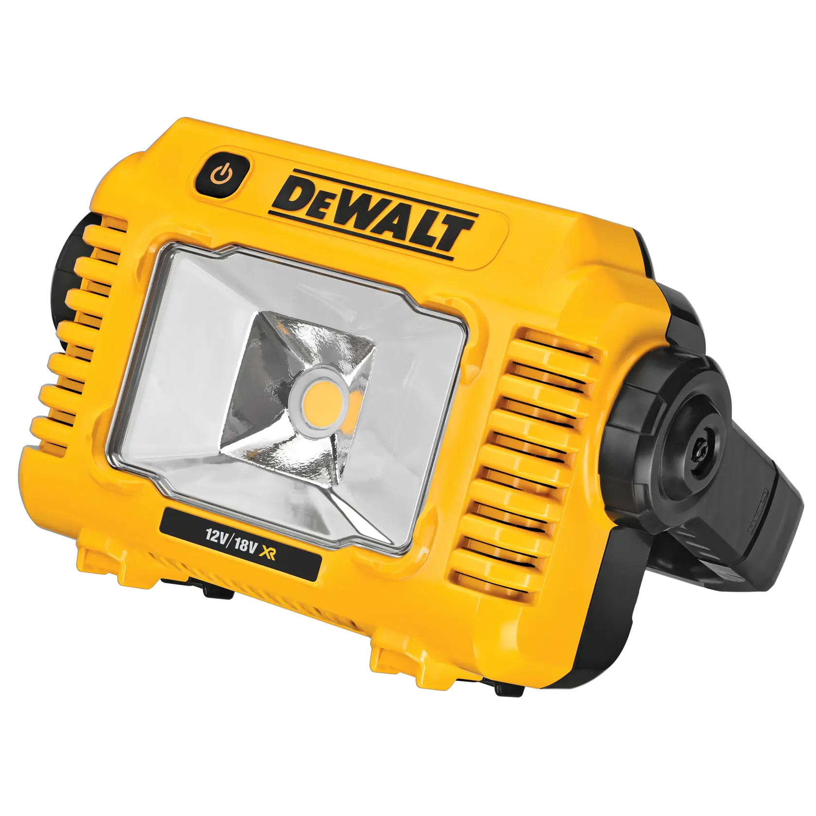 Yellow DEWALT portable LED work light with adjustable stand, suitable for 12V/18V XR batteries.